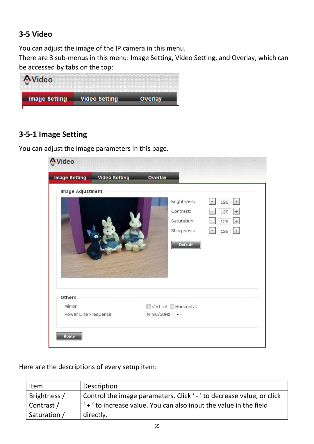 Edimax Technology PT-31W user manual Video, Image Setting 