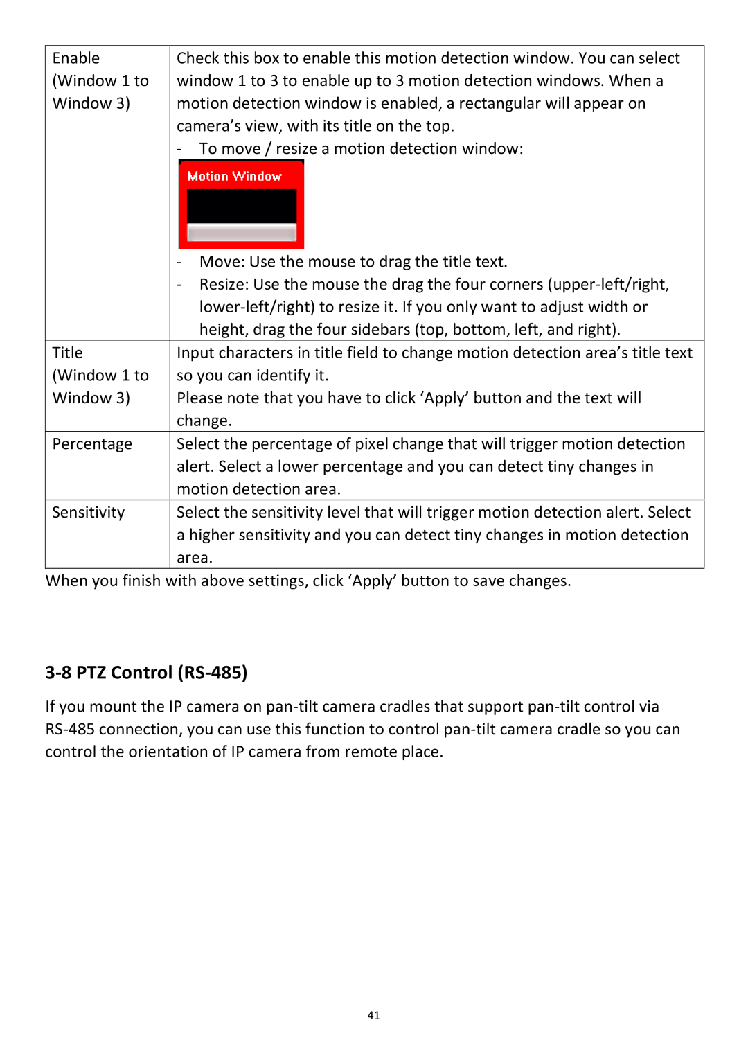 Edimax Technology PT-31W user manual PTZ Control RS-485 