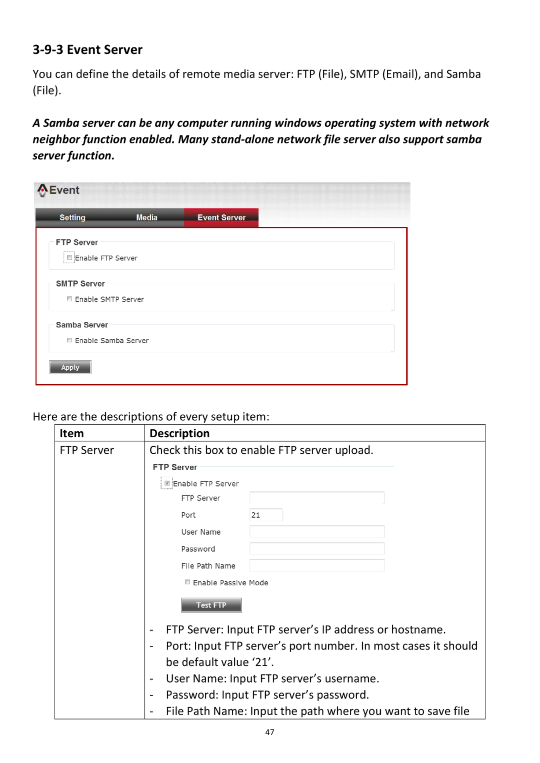 Edimax Technology PT-31W user manual Event Server, FTP Server Check this box to enable FTP server upload 