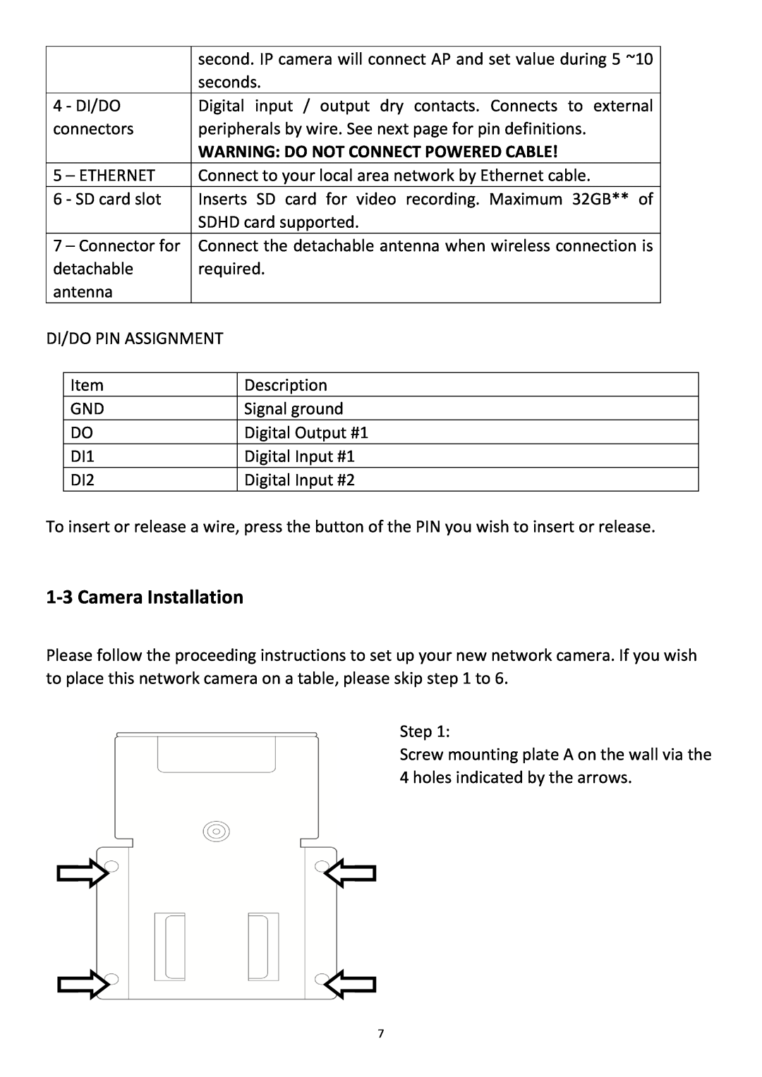 Edimax Technology PT-31W user manual 1-3Camera Installation, Warning: Do Not Connect Powered Cable 