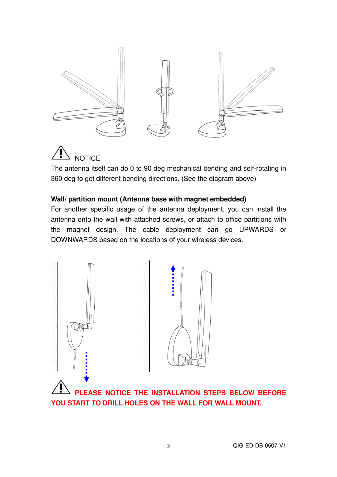 Edimax Technology QIG-ED-DB-0507-V11 manual Wall/ partition mount Antenna base with magnet embedded 