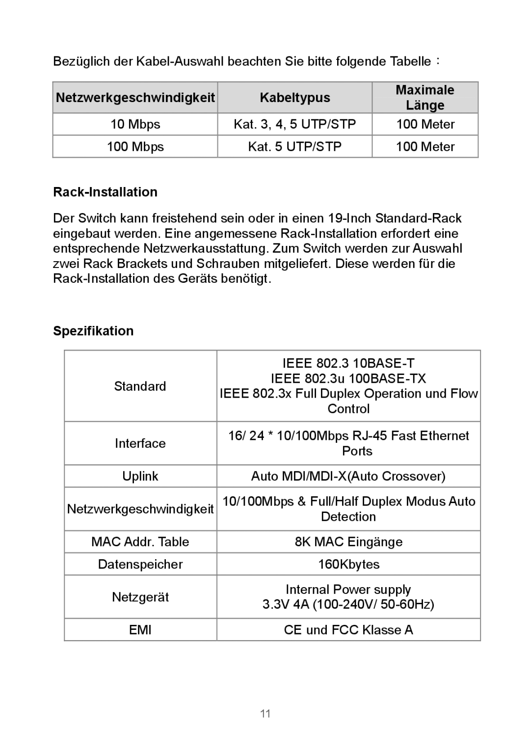 Edimax Technology Rackmount Fast Ethernet Switch manual Netzwerkgeschwindigkeit Kabeltypus 