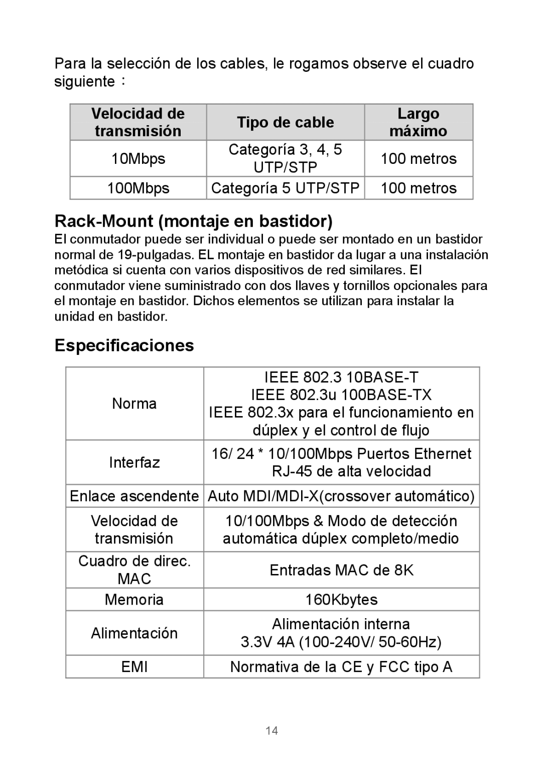 Edimax Technology Rackmount Fast Ethernet Switch manual Rack-Mount montaje en bastidor, Especificaciones 