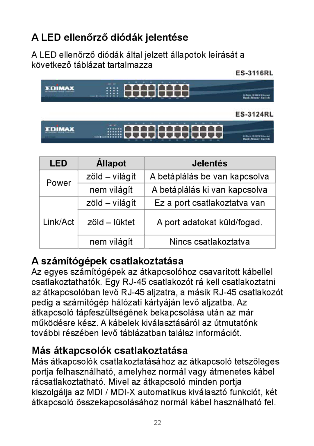 Edimax Technology Rackmount Fast Ethernet Switch manual LED ellenőrző diódák jelentése, Számítógépek csatlakoztatása 