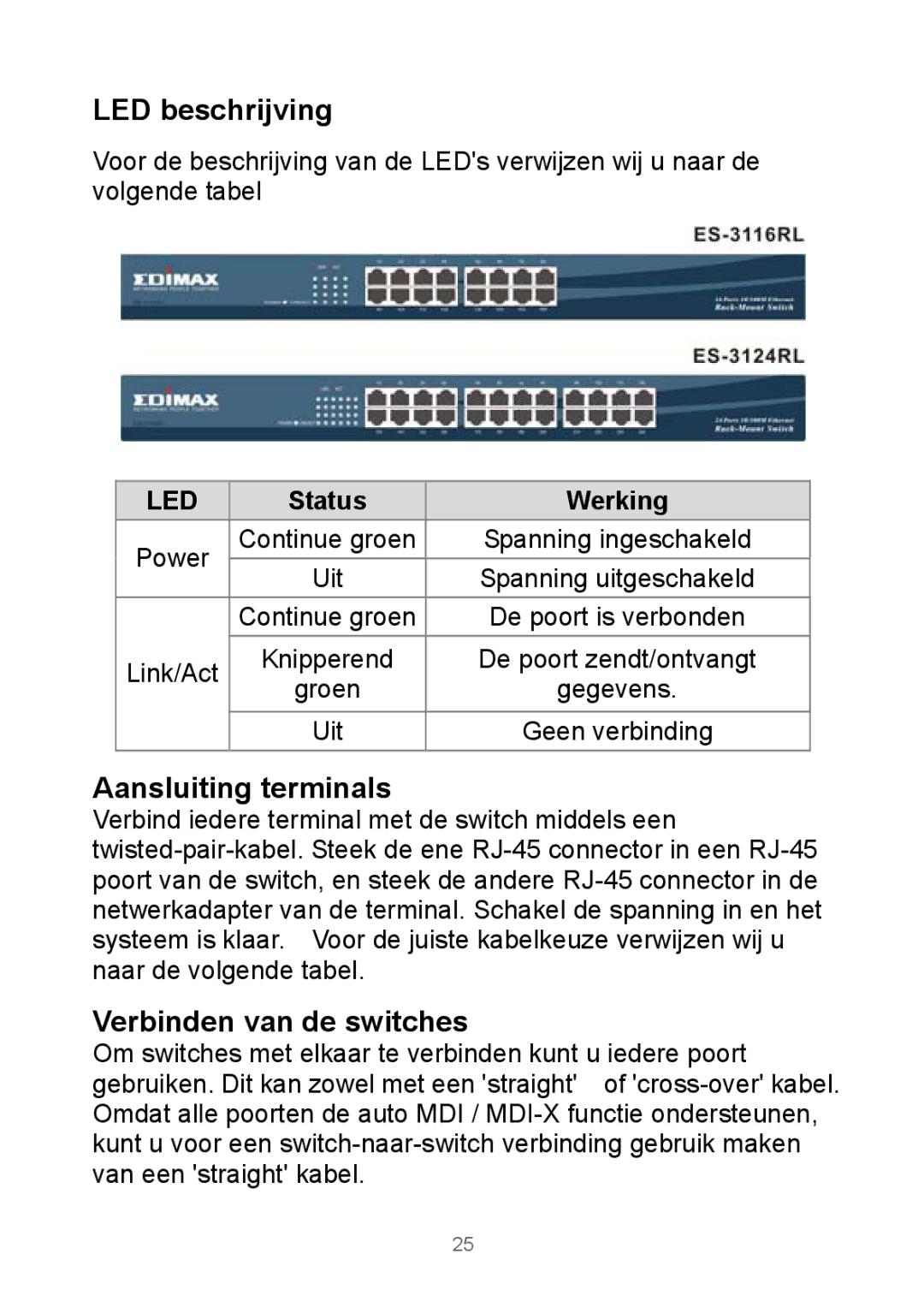 Edimax Technology Rackmount Fast Ethernet Switch manual LED beschrijving, Aansluiting terminals, Verbinden van de switches 