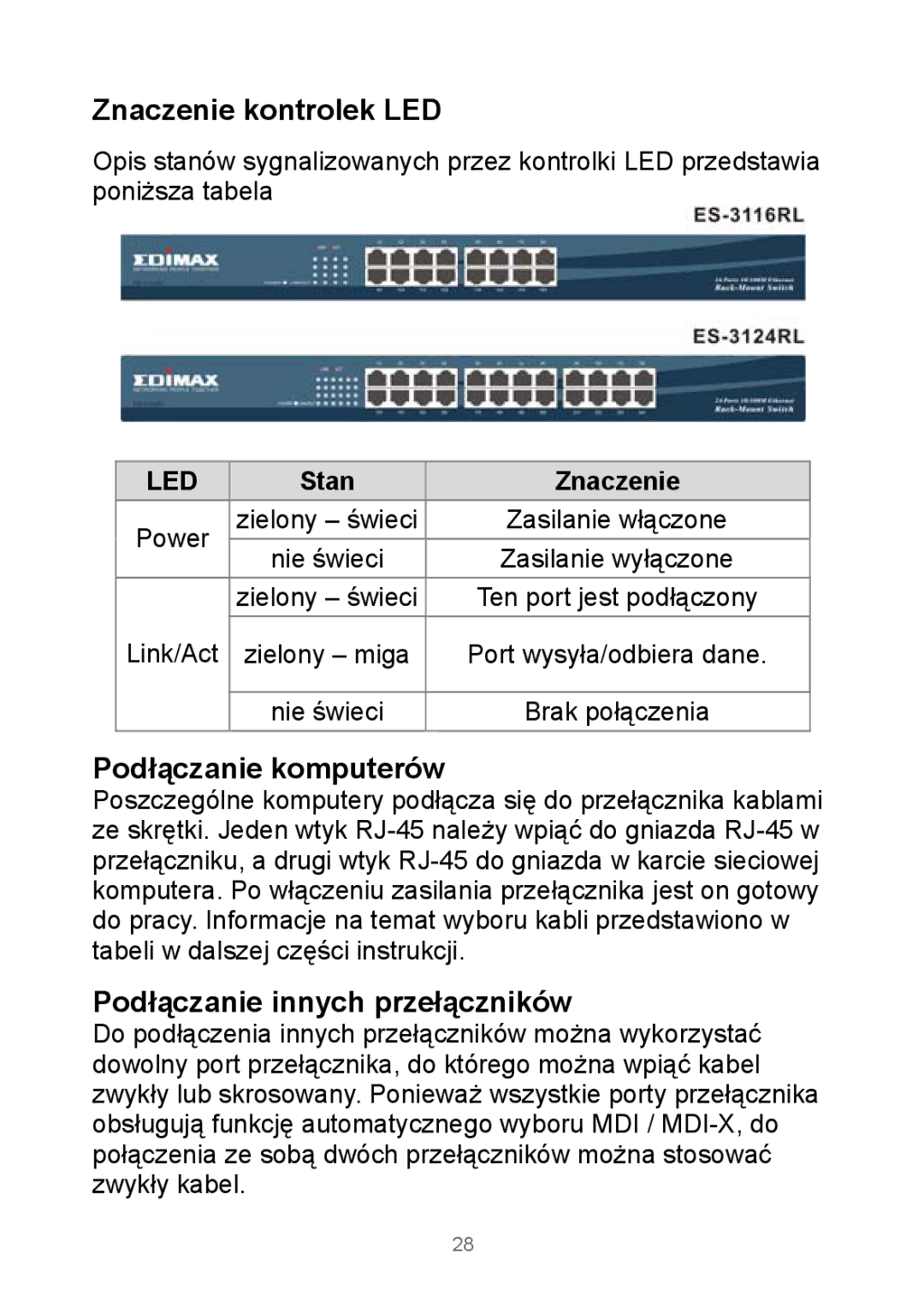 Edimax Technology Rackmount Fast Ethernet Switch manual Znaczenie kontrolek LED, Podłączanie komputerów, Stan Znaczenie 