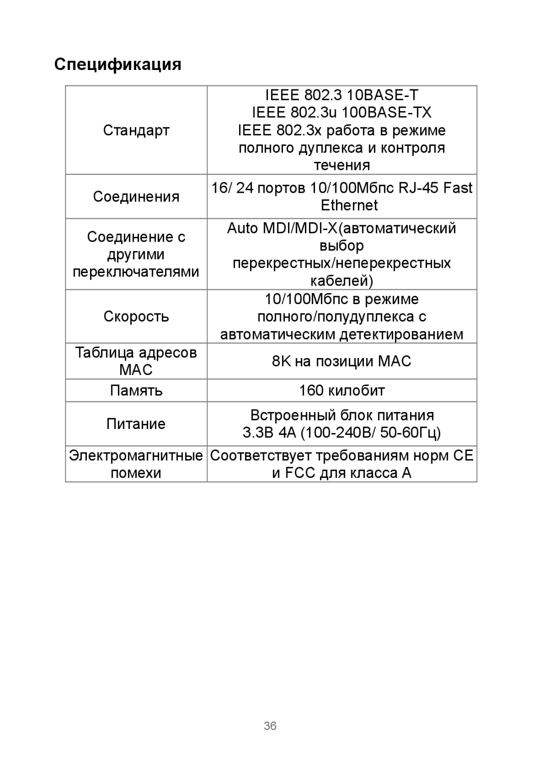 Edimax Technology Rackmount Fast Ethernet Switch manual Спецификация 