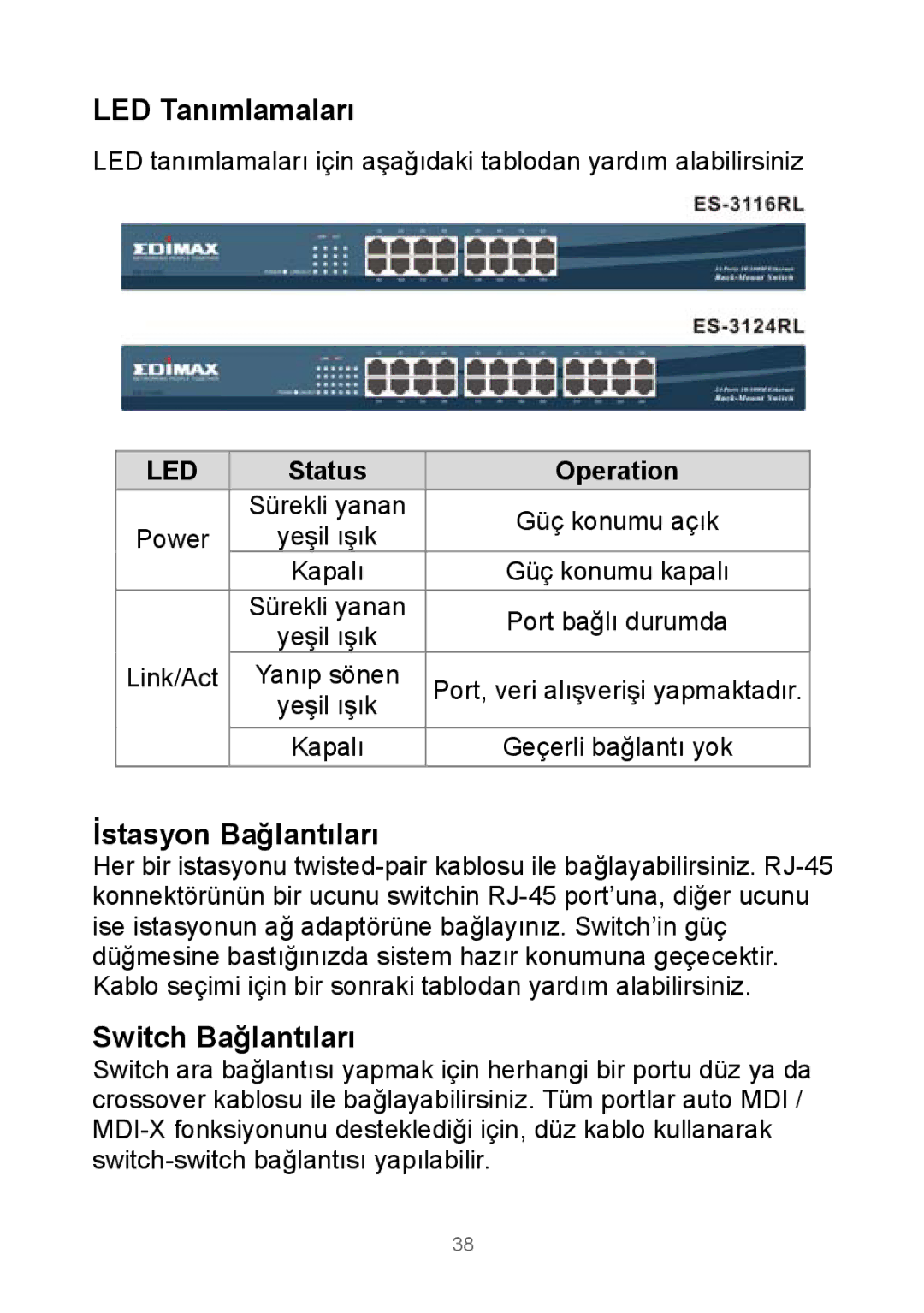 Edimax Technology Rackmount Fast Ethernet Switch manual LED Tanımlamaları, İstasyon Bağlantıları, Switch Bağlantıları 