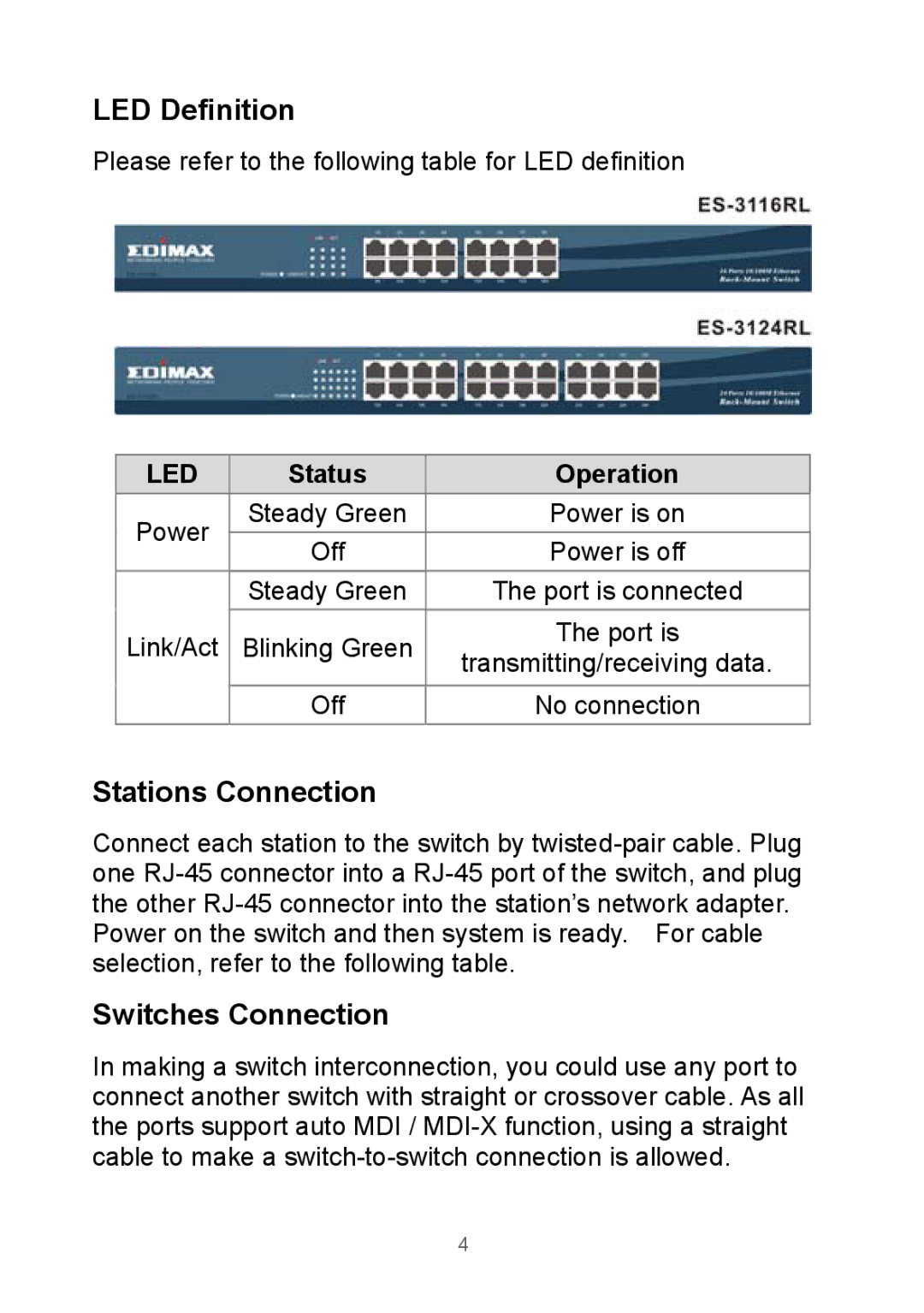 Edimax Technology Rackmount Fast Ethernet Switch manual LED Definition, Stations Connection, Switches Connection 