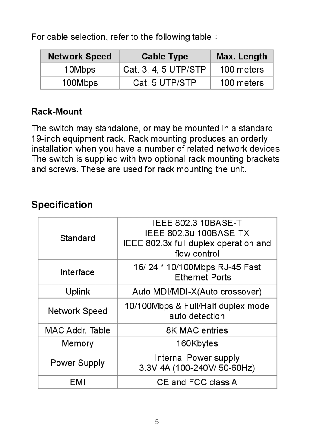 Edimax Technology Rackmount Fast Ethernet Switch manual Specification, Network Speed Cable Type Max. Length, Rack-Mount 