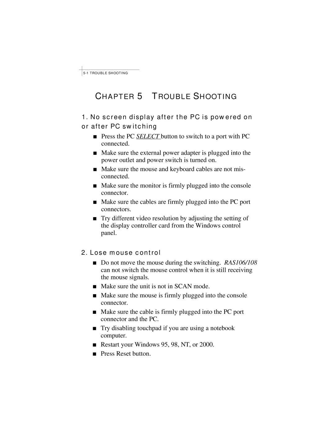 Edimax Technology RAS106, RAS108 manual Trouble Shooting, Lose mouse control 