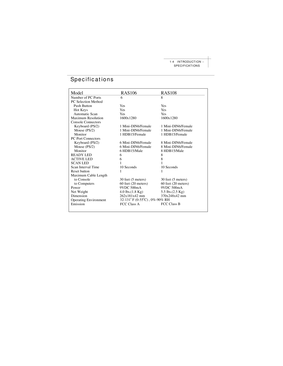 Edimax Technology manual Specifications, Model RAS106 RAS108 