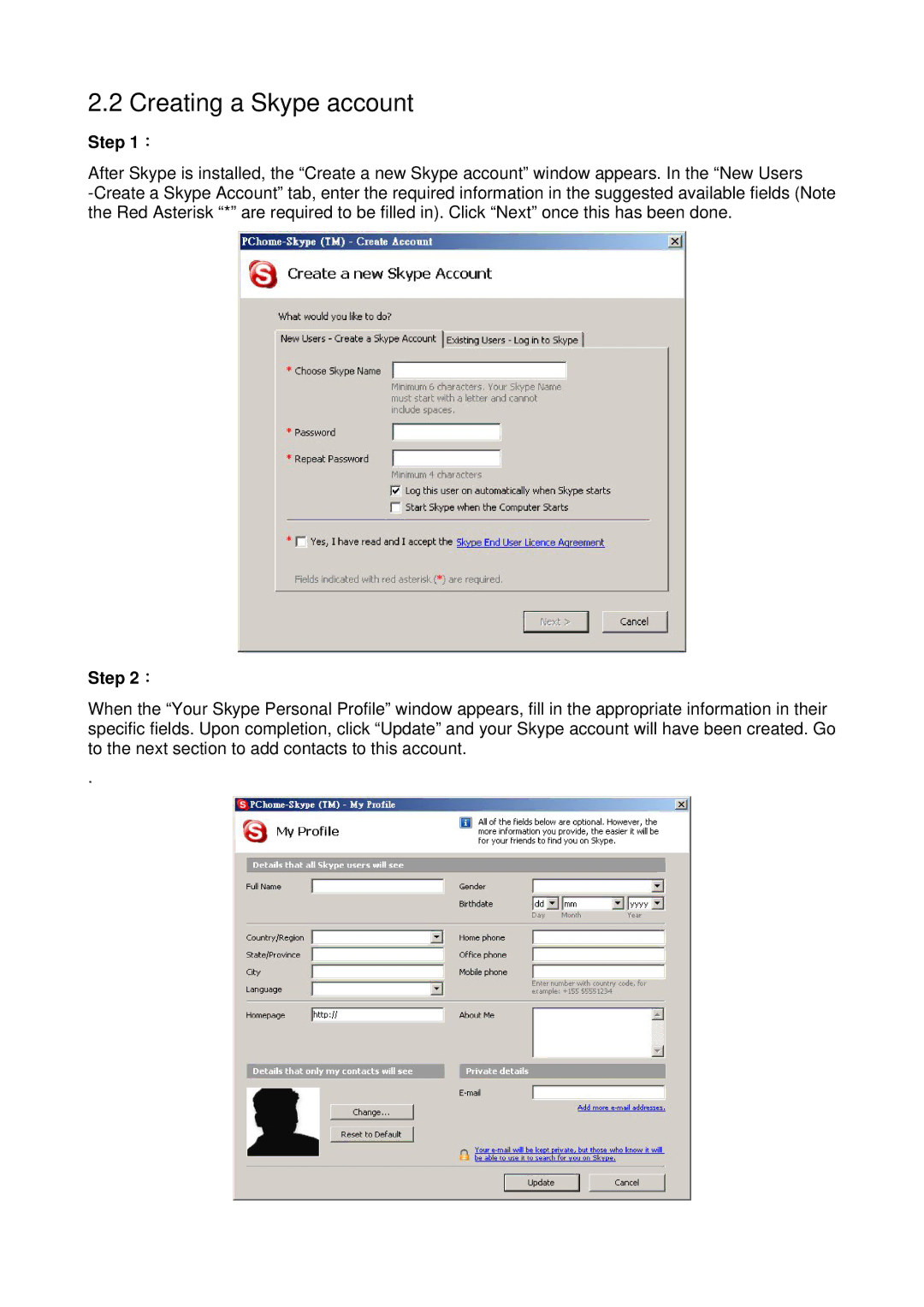 Edimax Technology VO-4500SK V2.0 user manual Creating a Skype account 