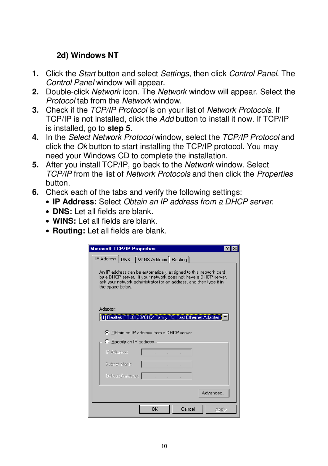 Edimax Technology Wireless Broadband Router manual 2d Windows NT, IP Address Select Obtain an IP address from a Dhcp server 