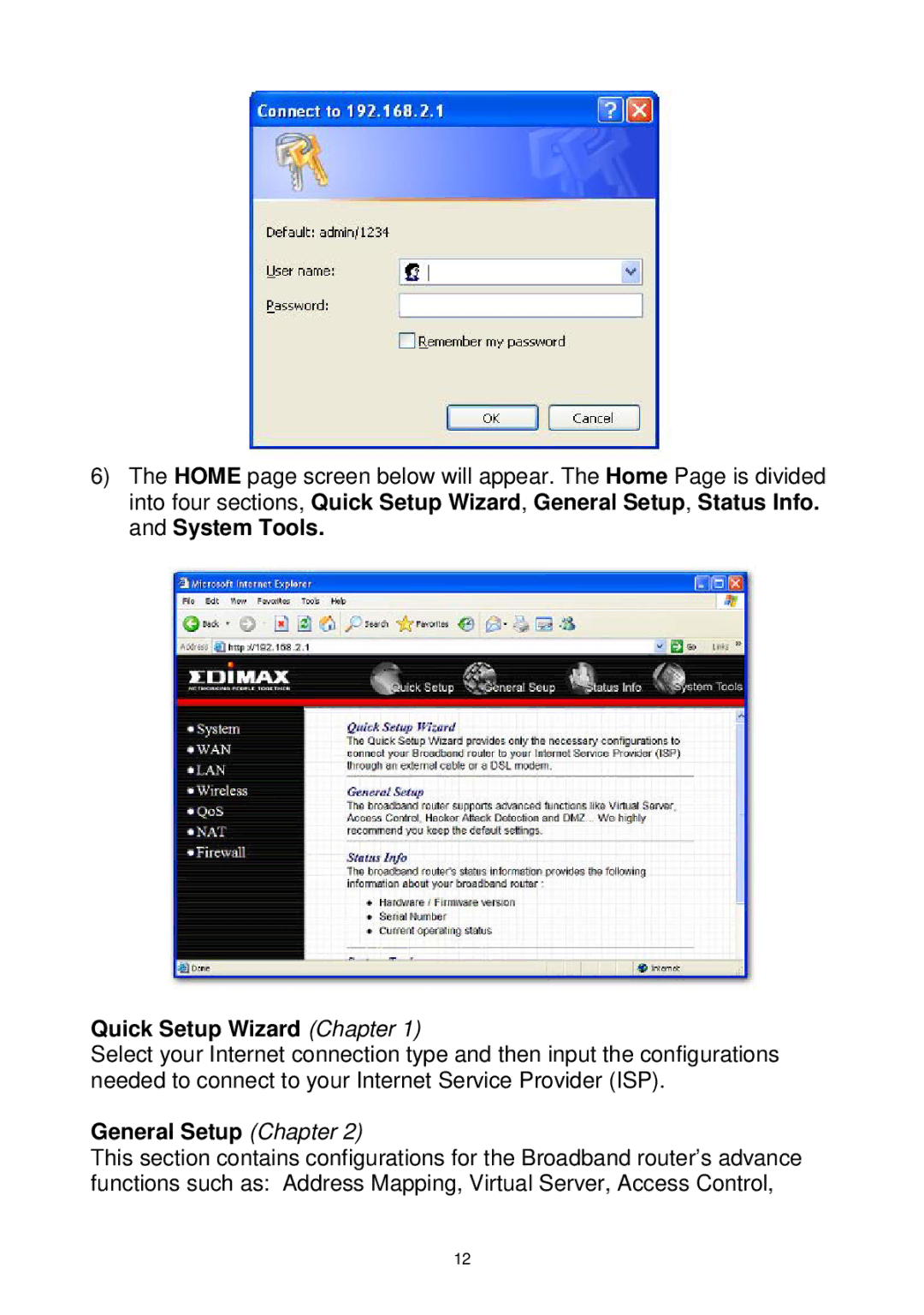 Edimax Technology Wireless Broadband Router manual Quick Setup Wizard Chapter, General Setup Chapter 