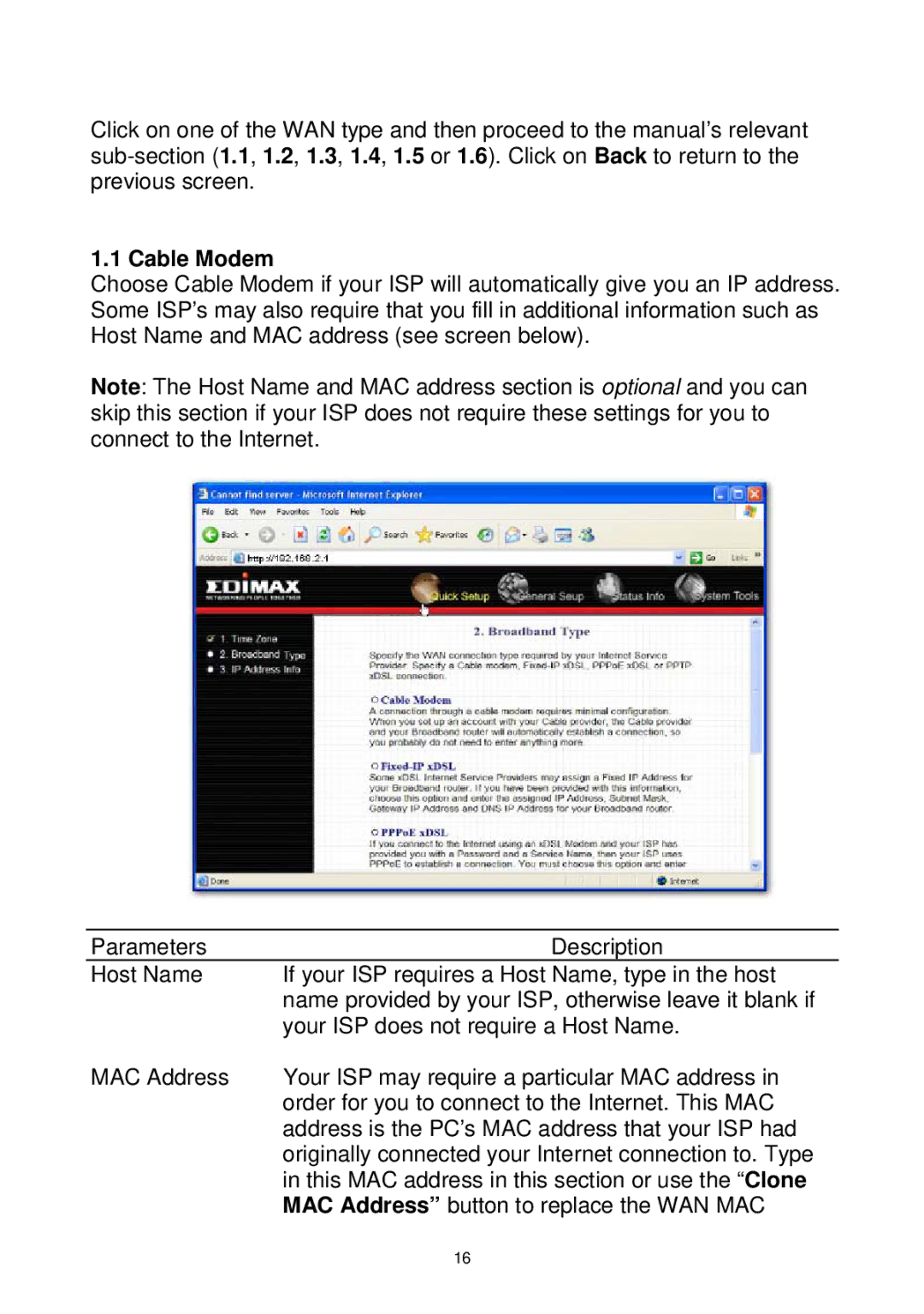 Edimax Technology Wireless Broadband Router manual Cable Modem 