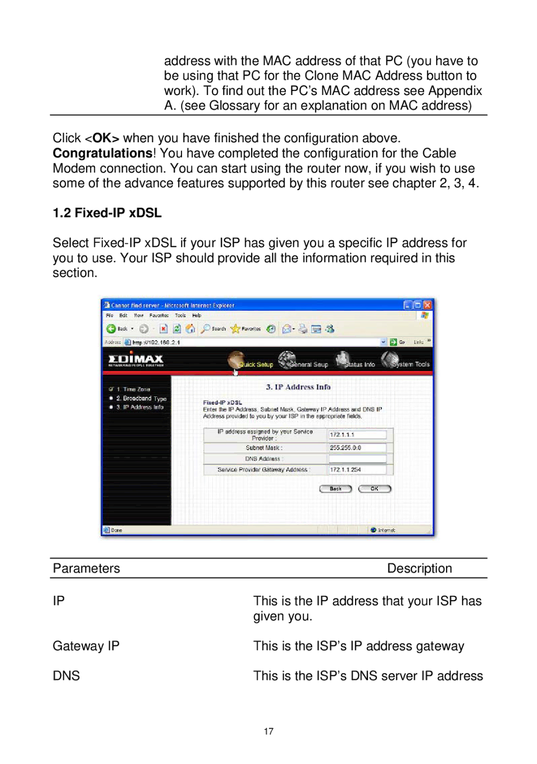 Edimax Technology Wireless Broadband Router manual Fixed-IP xDSL, Dns 