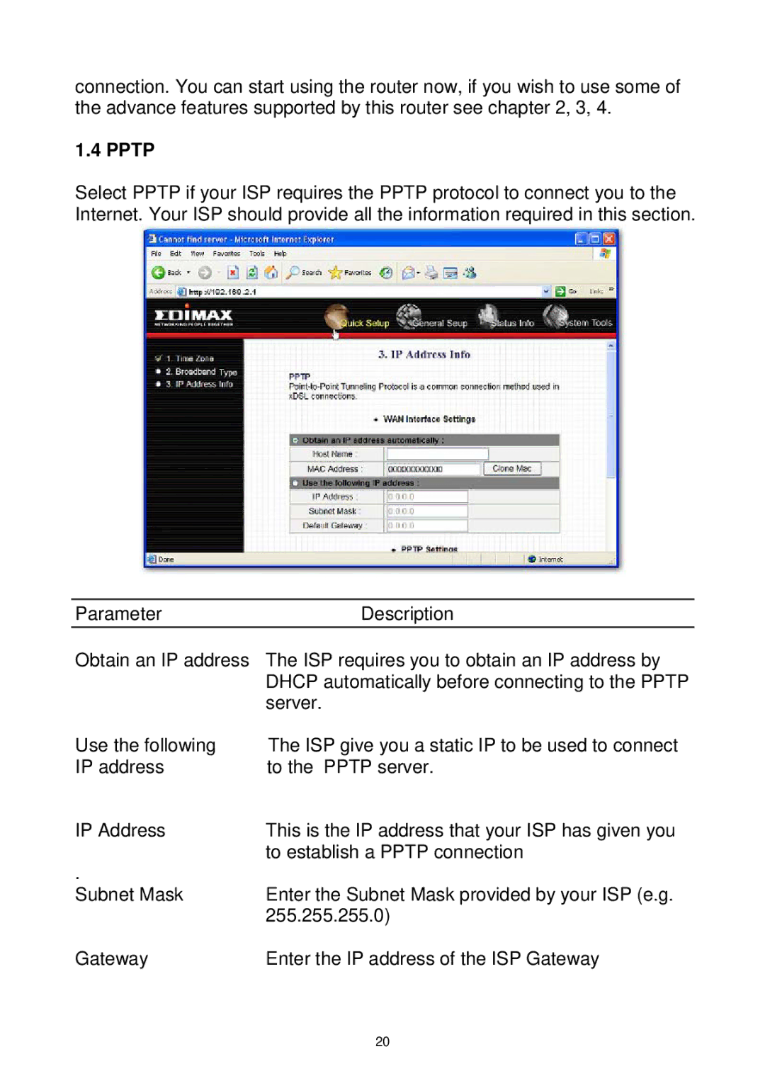 Edimax Technology Wireless Broadband Router manual Pptp 