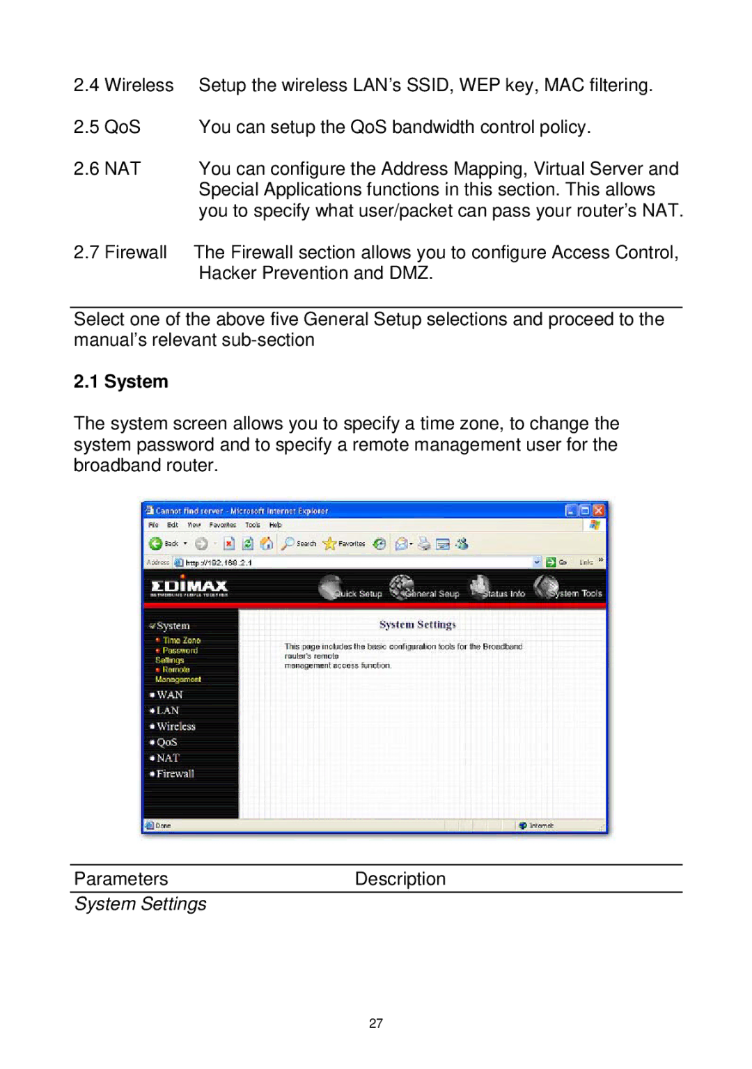 Edimax Technology Wireless Broadband Router manual Nat, System 