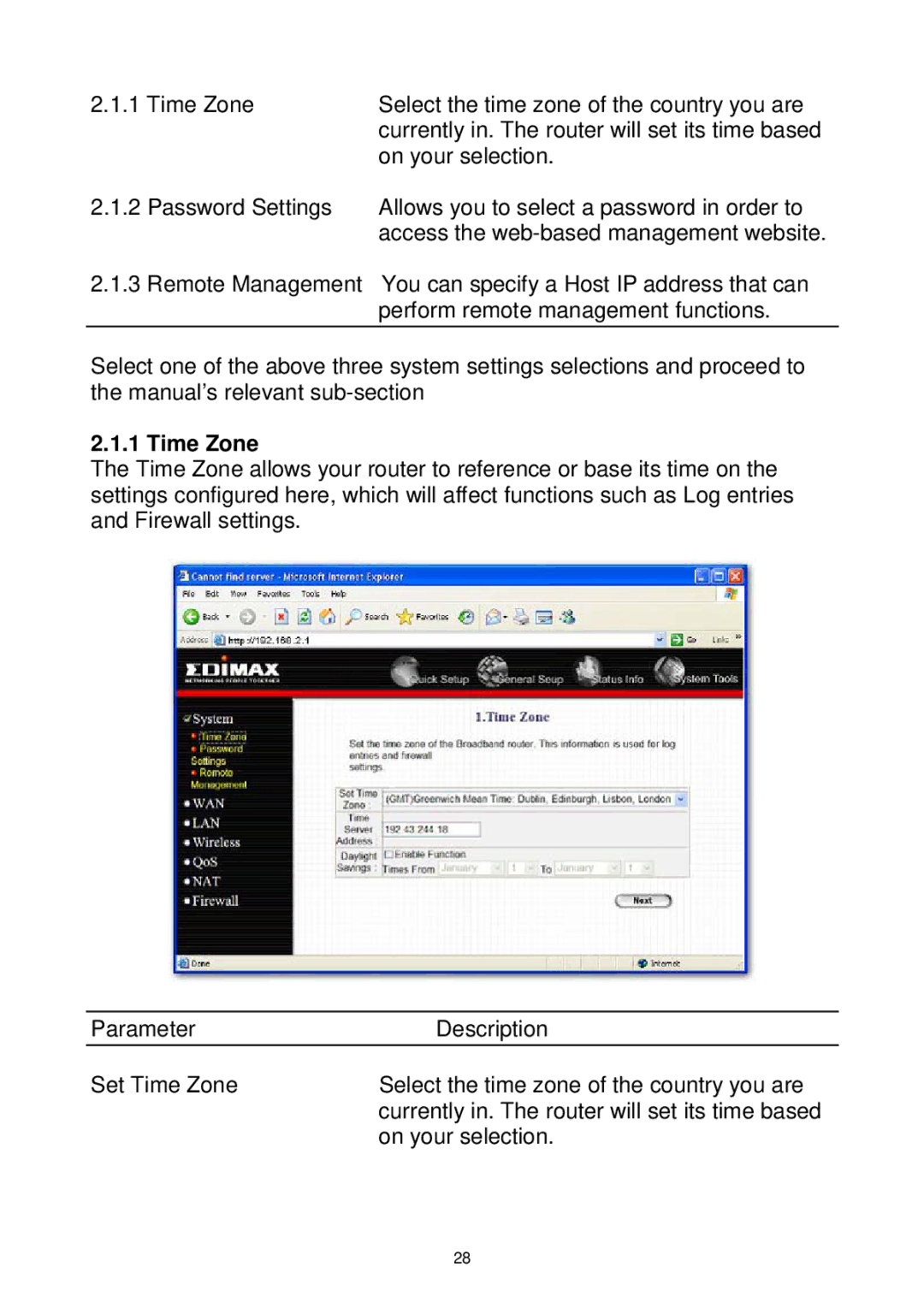 Edimax Technology Wireless Broadband Router manual Time Zone 