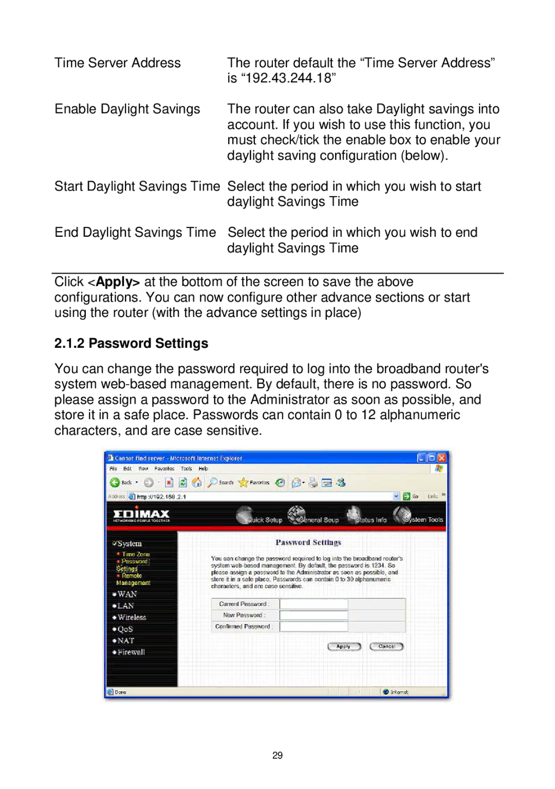 Edimax Technology Wireless Broadband Router manual Password Settings 