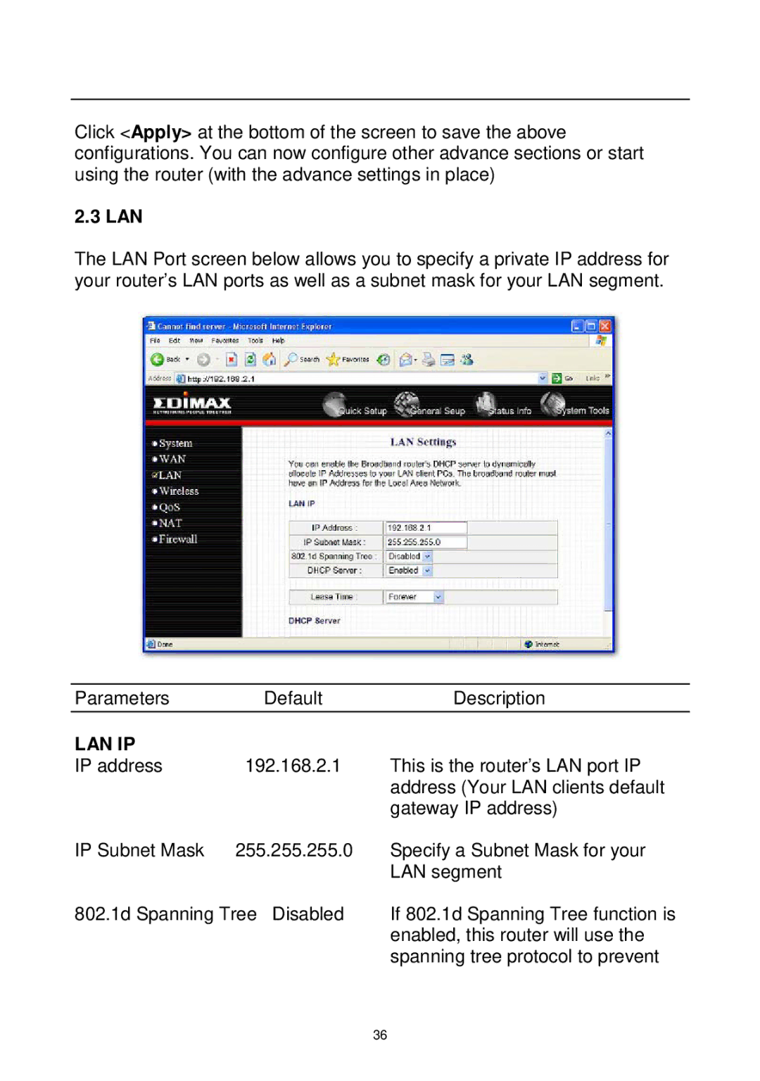 Edimax Technology Wireless Broadband Router manual Lan Ip 