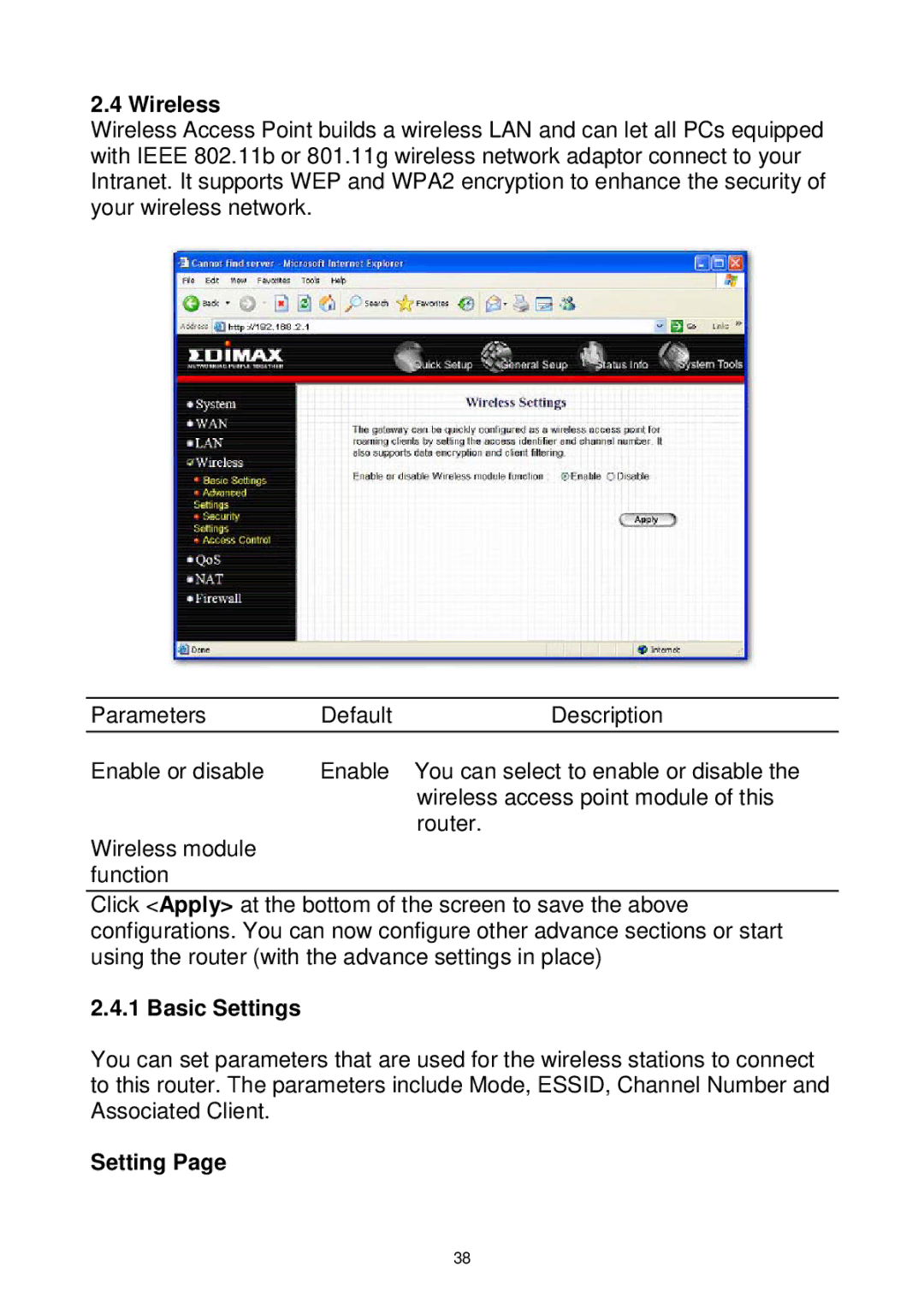 Edimax Technology Wireless Broadband Router manual Basic Settings 