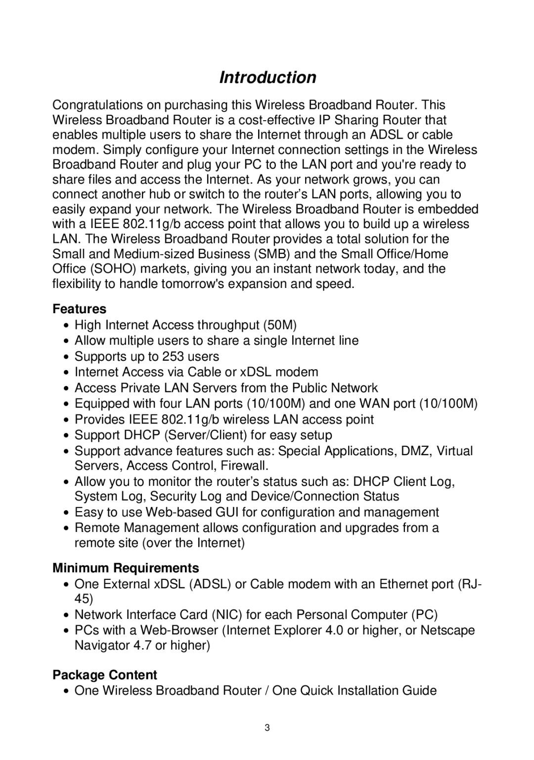 Edimax Technology Wireless Broadband Router manual Features, Minimum Requirements, Package Content 