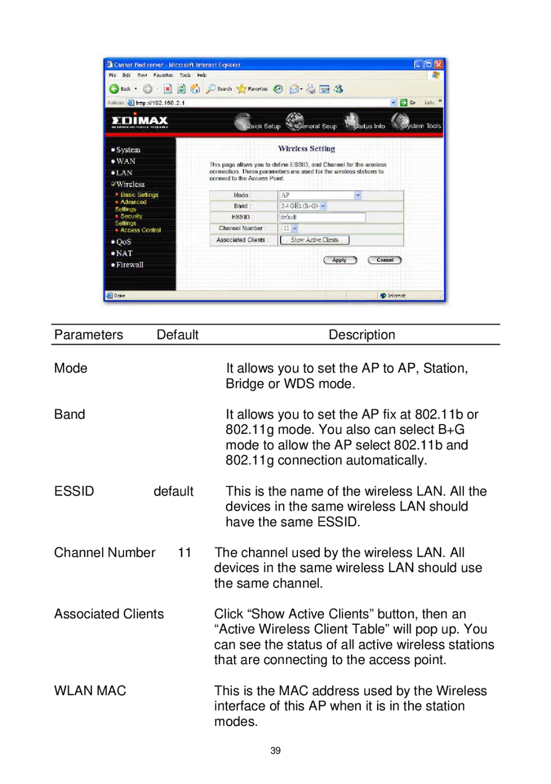 Edimax Technology Wireless Broadband Router manual Essid, Wlan MAC 