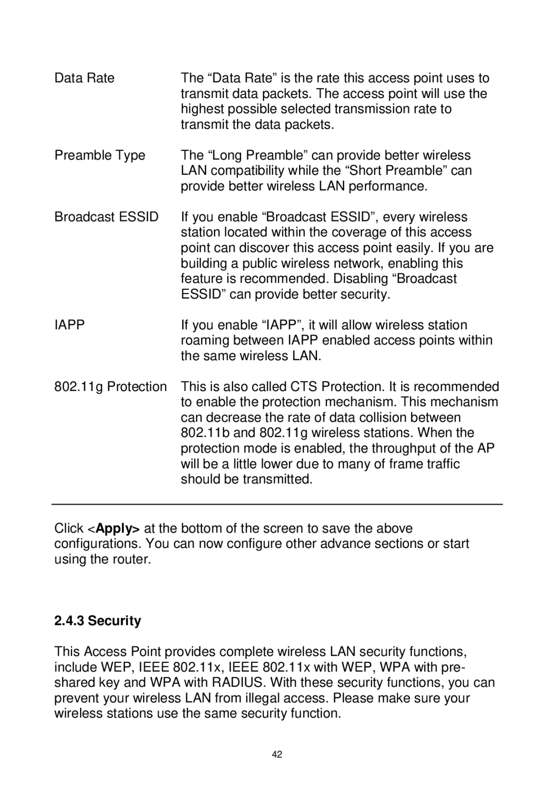 Edimax Technology Wireless Broadband Router manual Iapp, Security 