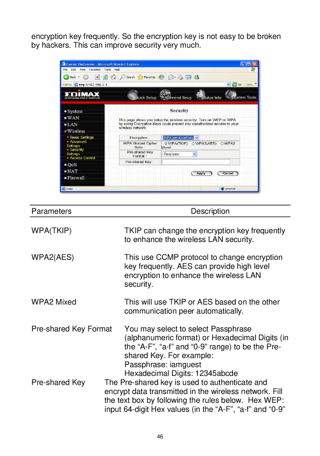 Edimax Technology Wireless Broadband Router manual Wpatkip, WPA2AES 