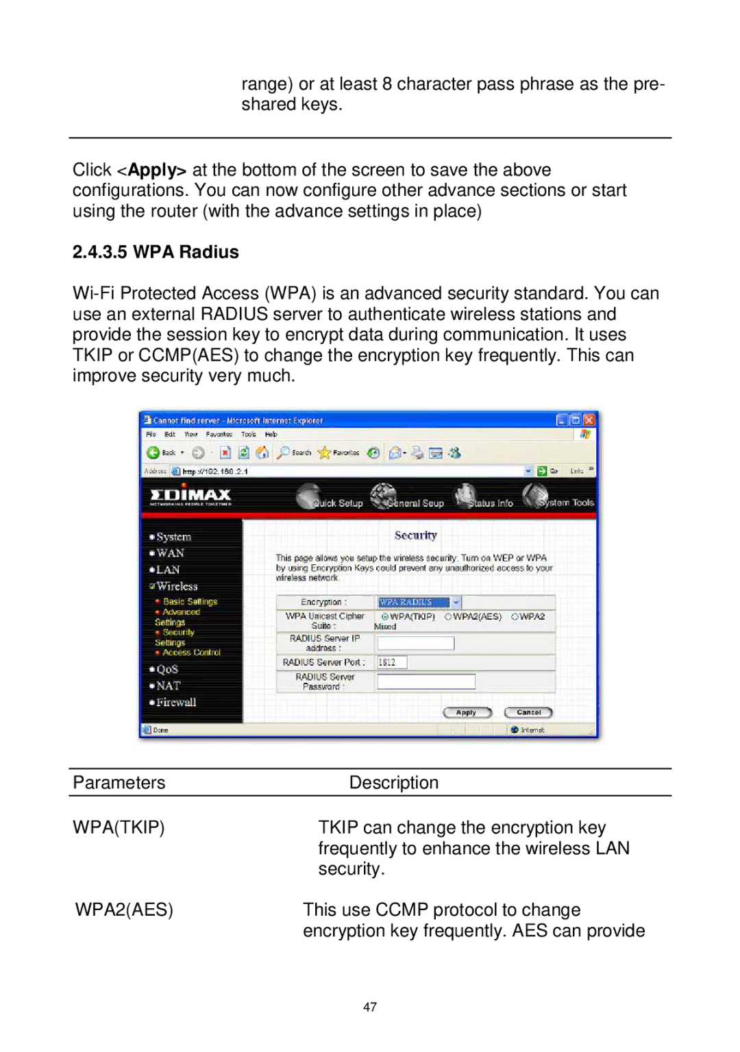 Edimax Technology Wireless Broadband Router manual WPA Radius 