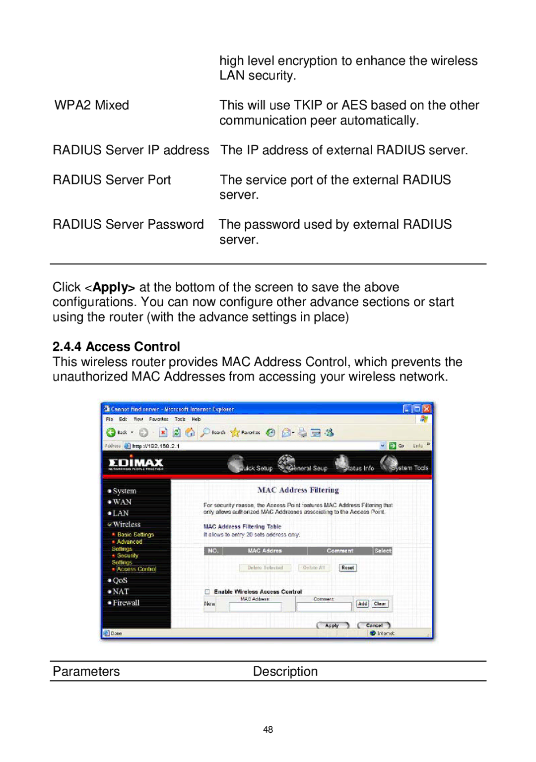 Edimax Technology Wireless Broadband Router manual Access Control 