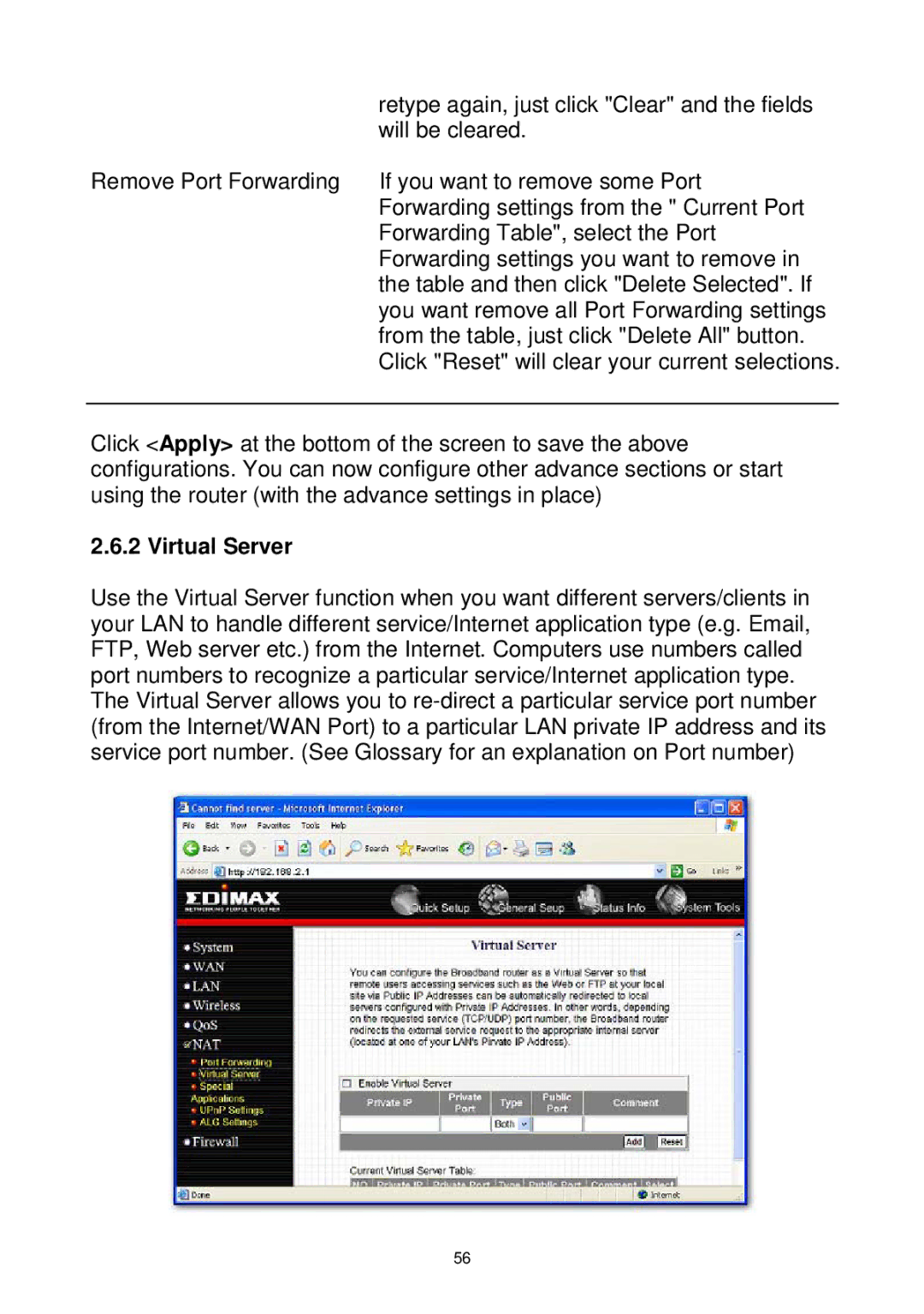 Edimax Technology Wireless Broadband Router manual Virtual Server 