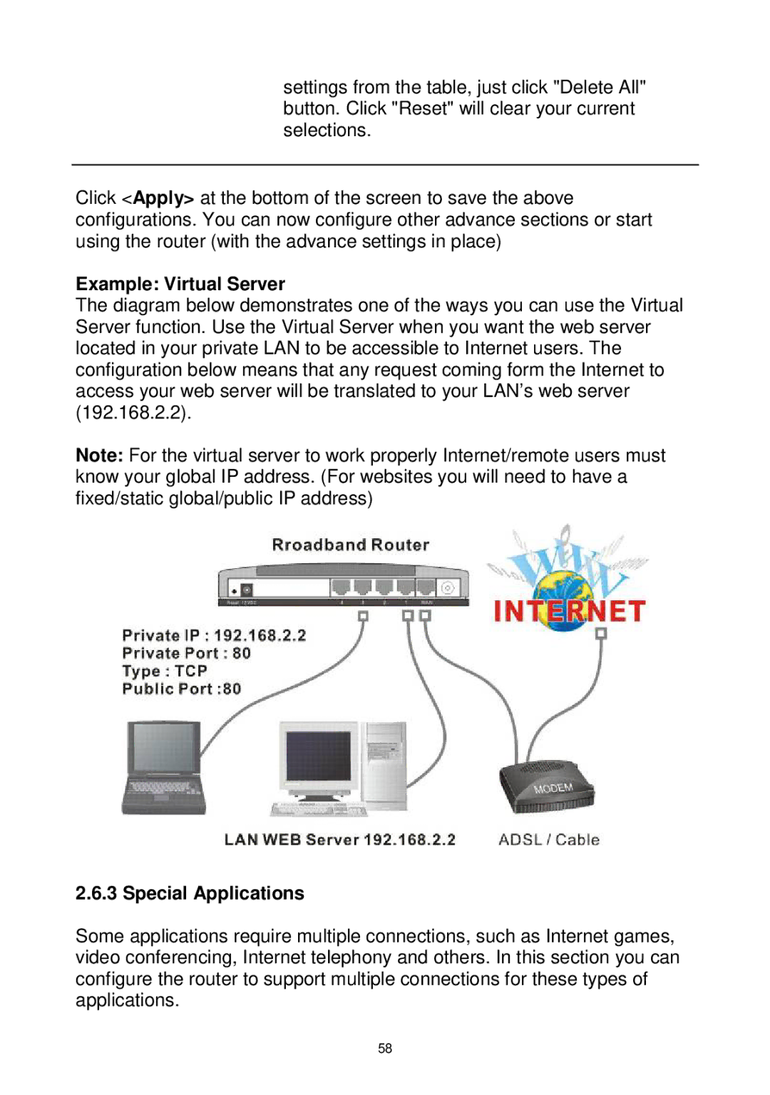 Edimax Technology Wireless Broadband Router manual Example Virtual Server, Special Applications 