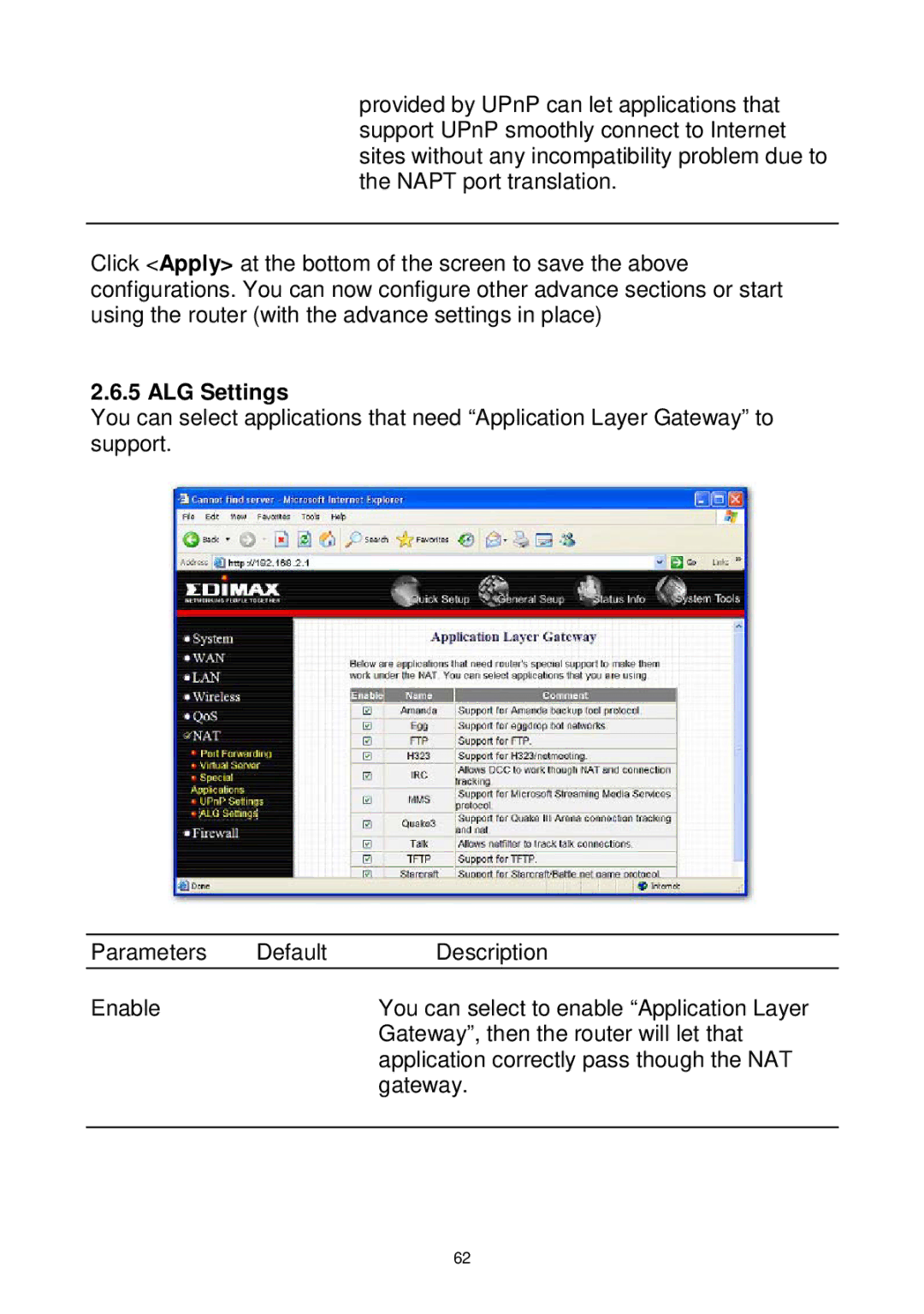 Edimax Technology Wireless Broadband Router manual ALG Settings 