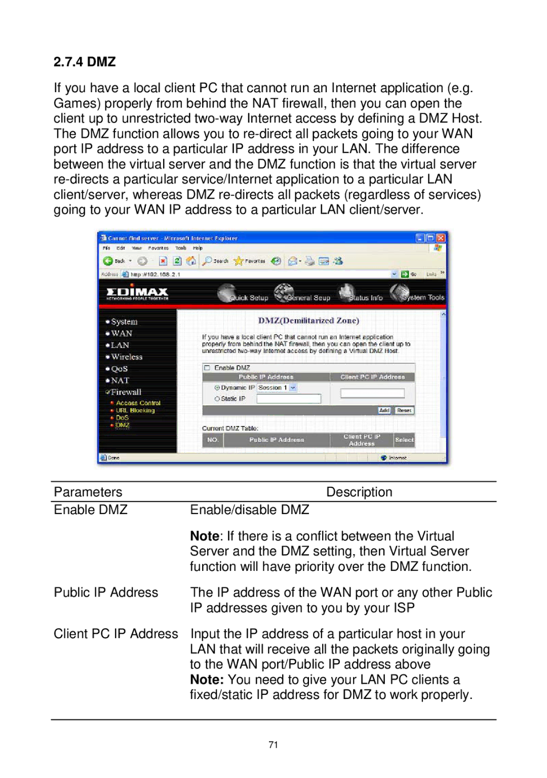 Edimax Technology Wireless Broadband Router manual 4 DMZ 