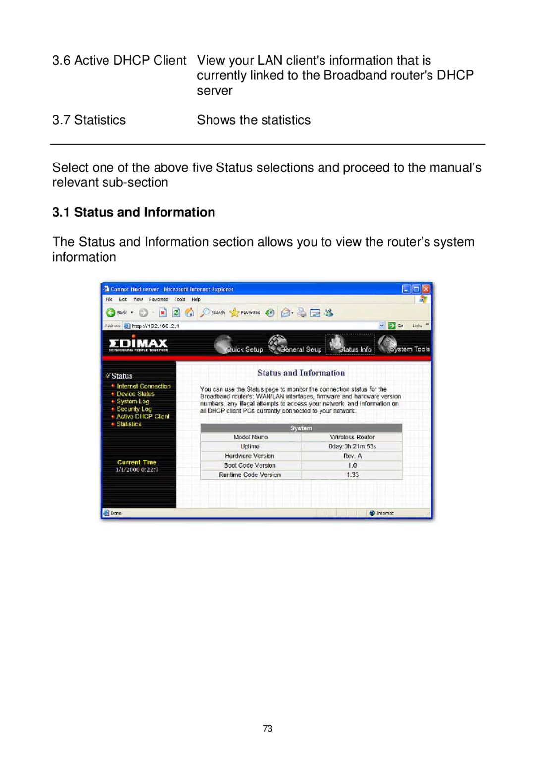 Edimax Technology Wireless Broadband Router manual Status and Information 