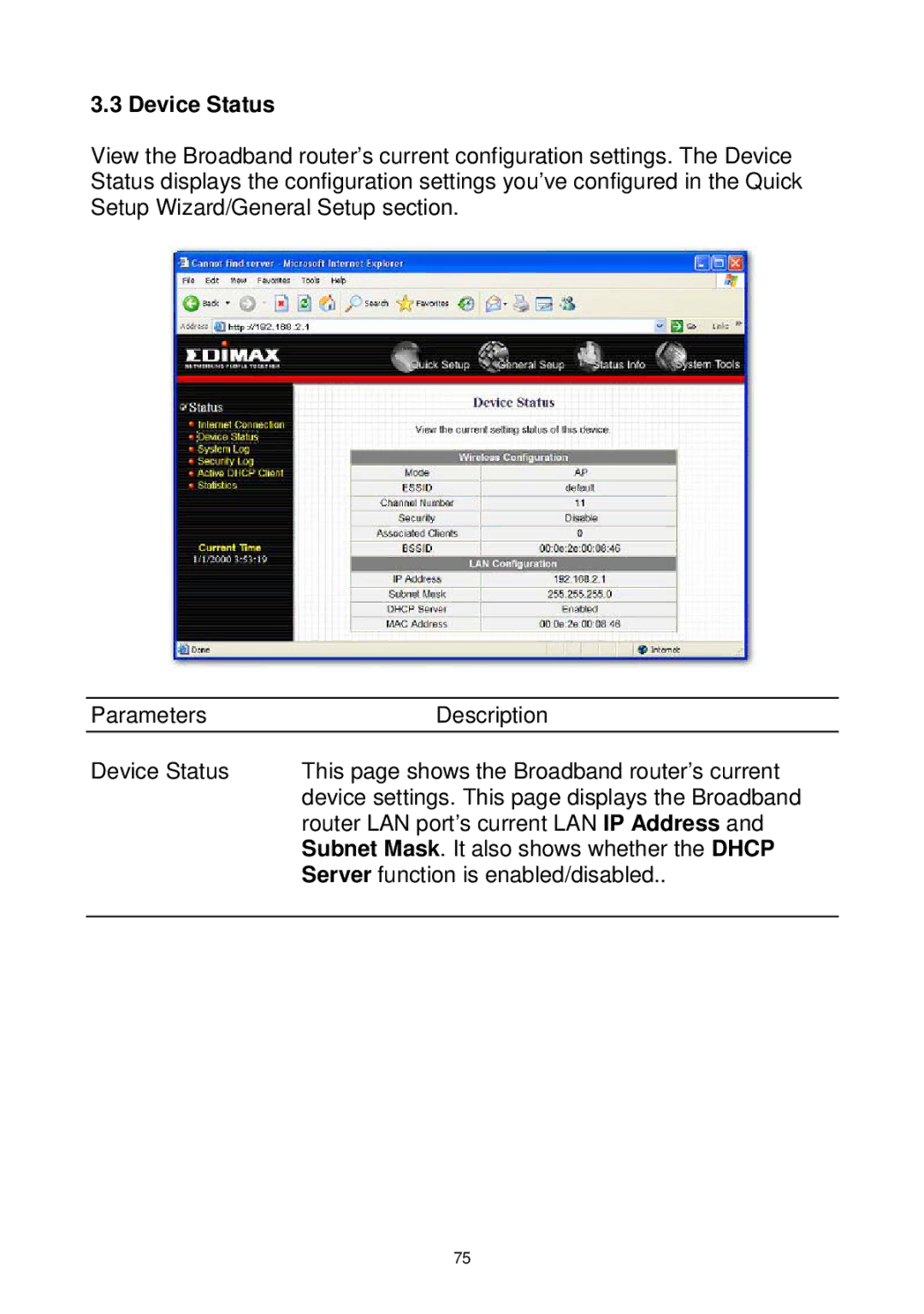 Edimax Technology Wireless Broadband Router manual Device Status 