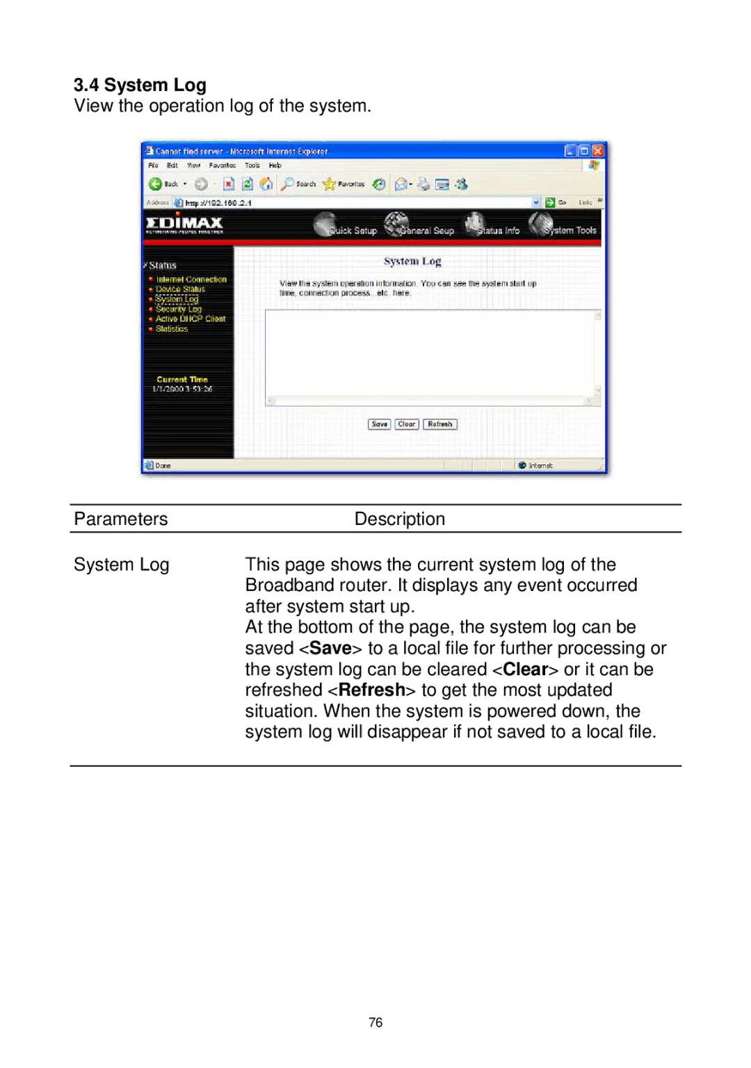 Edimax Technology Wireless Broadband Router manual System Log 