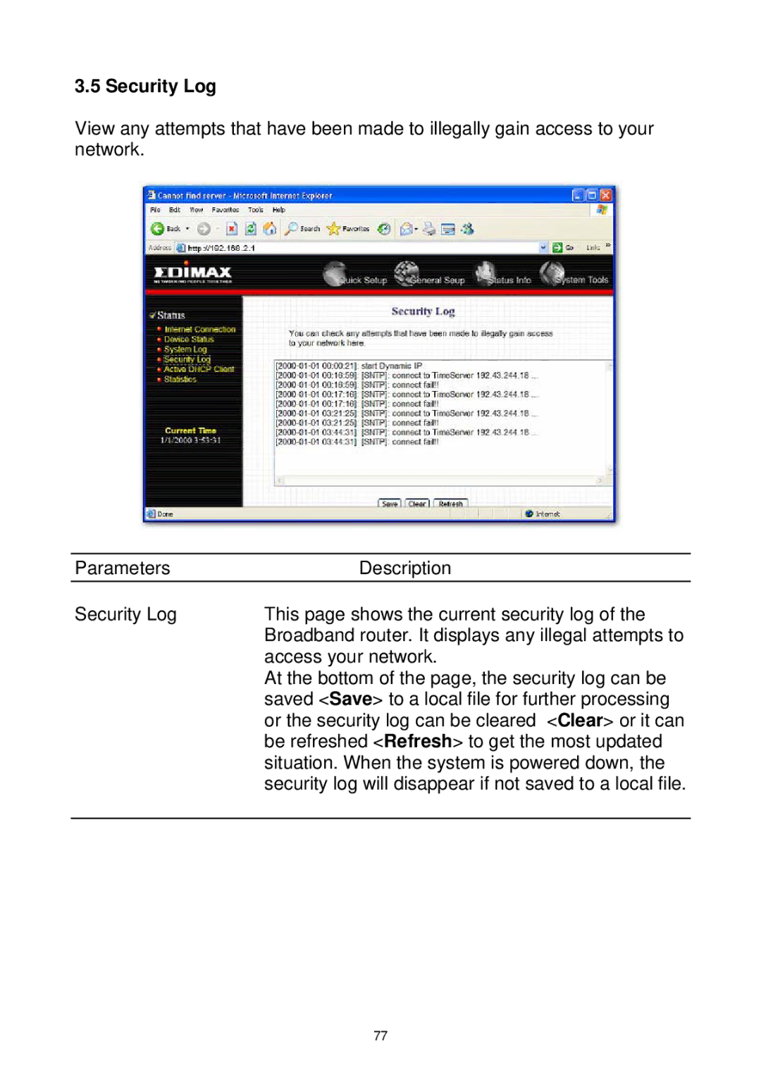 Edimax Technology Wireless Broadband Router manual Security Log 