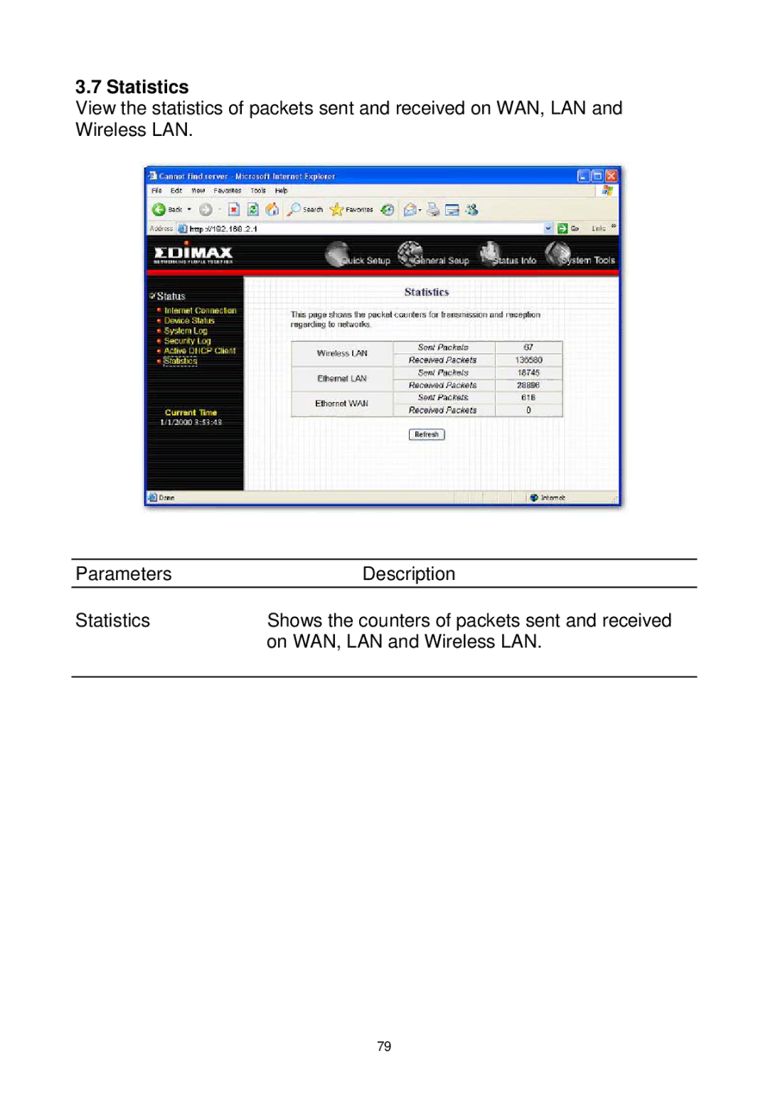 Edimax Technology Wireless Broadband Router manual Statistics 