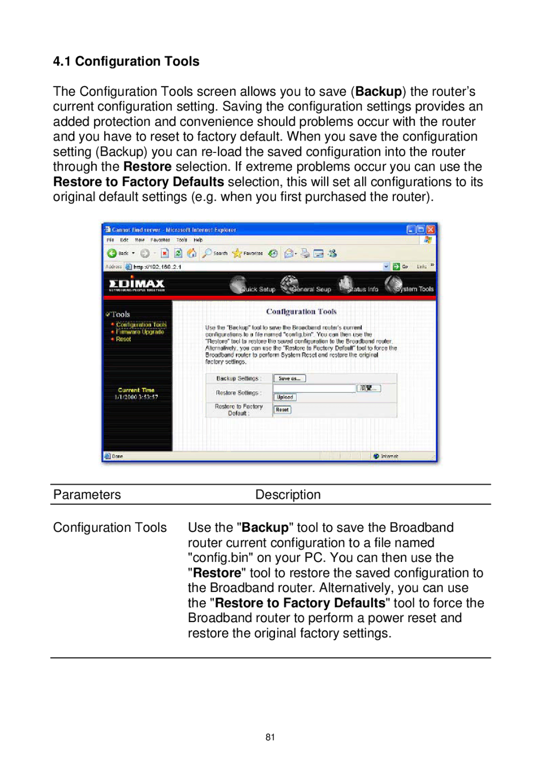 Edimax Technology Wireless Broadband Router manual Configuration Tools, Restore to Factory Defaults tool to force 