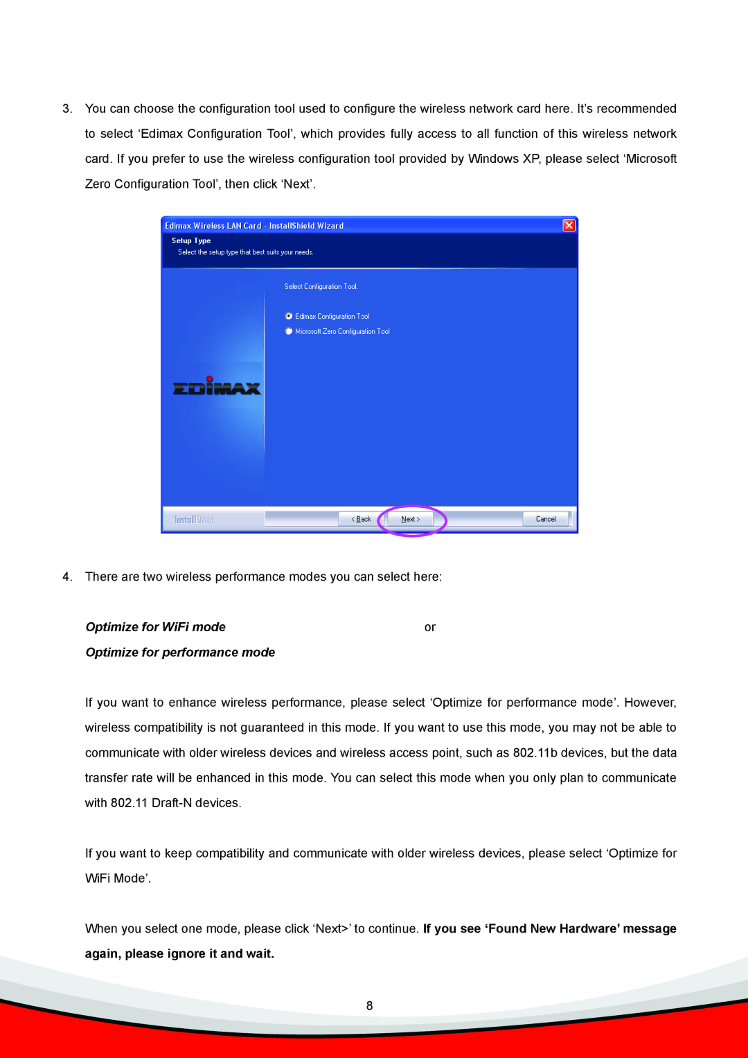 Edimax Technology Wireless LAN USB Adapter manual Optimize for WiFi mode Optimize for performance mode 