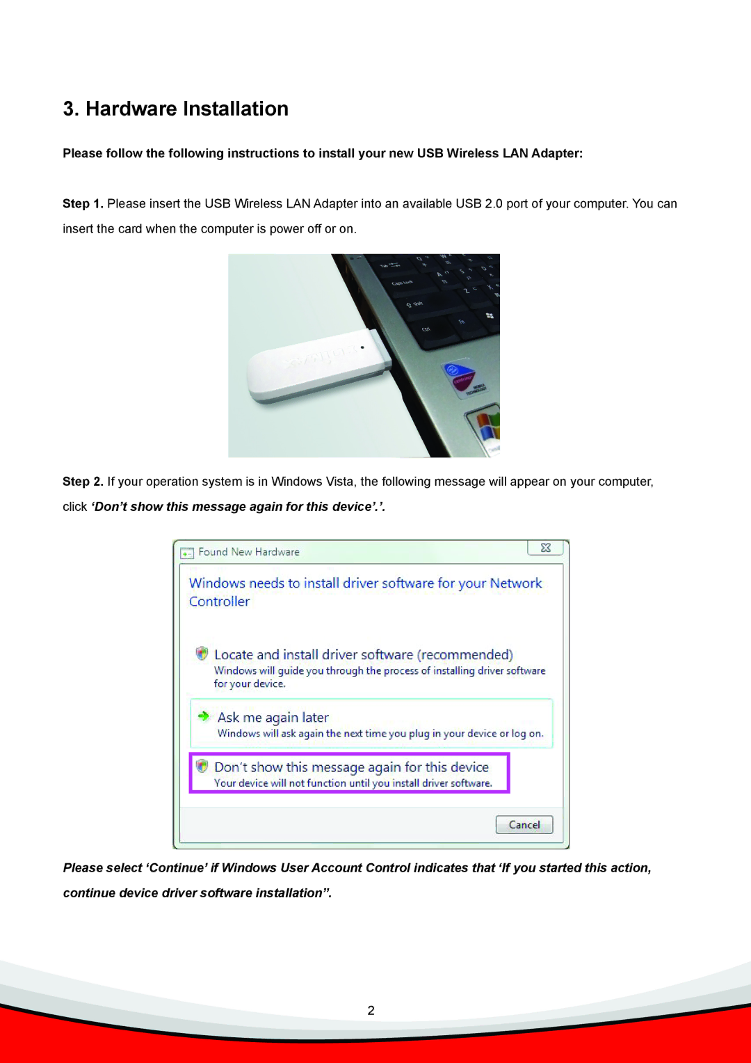 Edimax Technology Wireless LAN USB Adapter manual Hardware Installation 