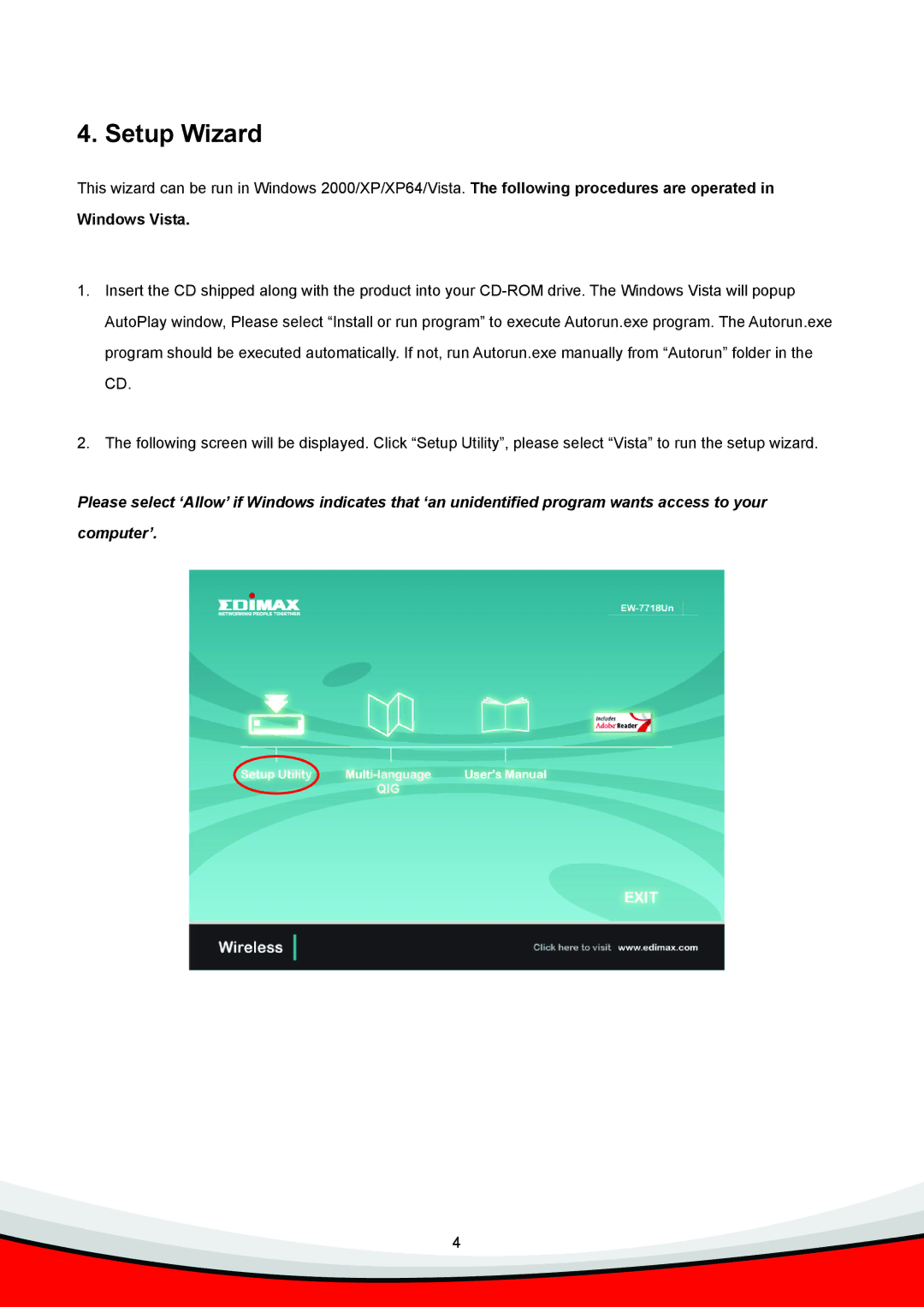 Edimax Technology Wireless LAN USB Adapter manual Setup Wizard, Windows Vista 