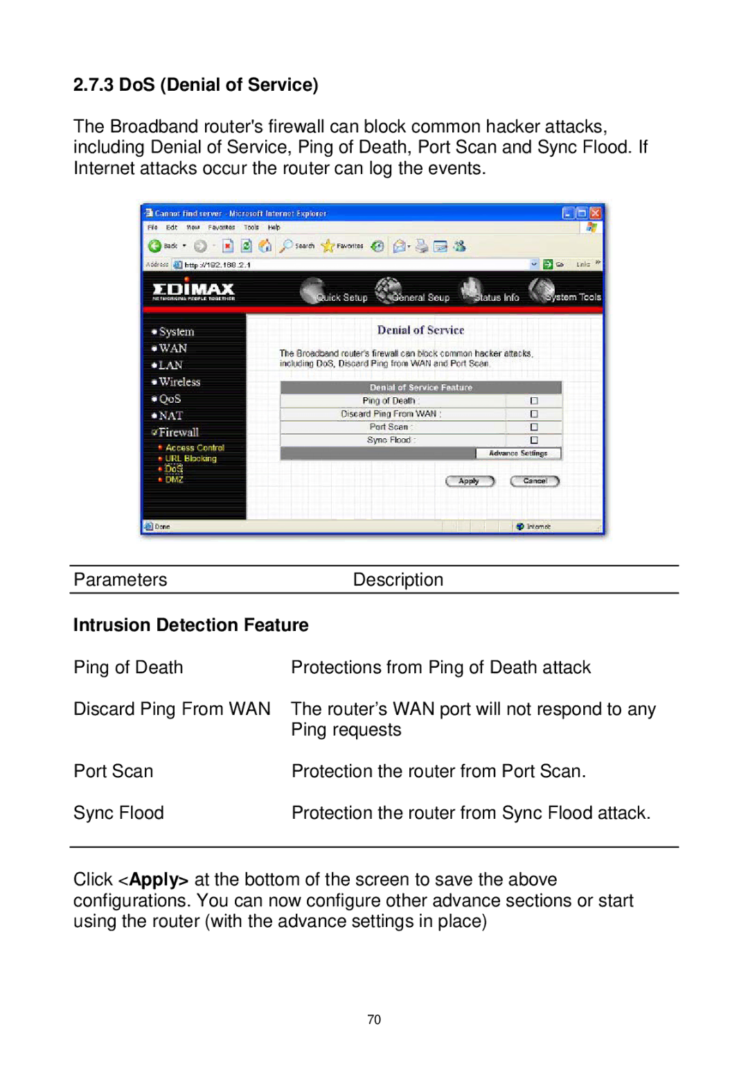 Edimax Technology Wireless VPN Broadband Router user manual DoS Denial of Service, Intrusion Detection Feature 