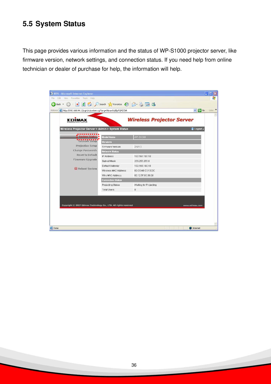 Edimax Technology WP-S1000 user manual System Status 