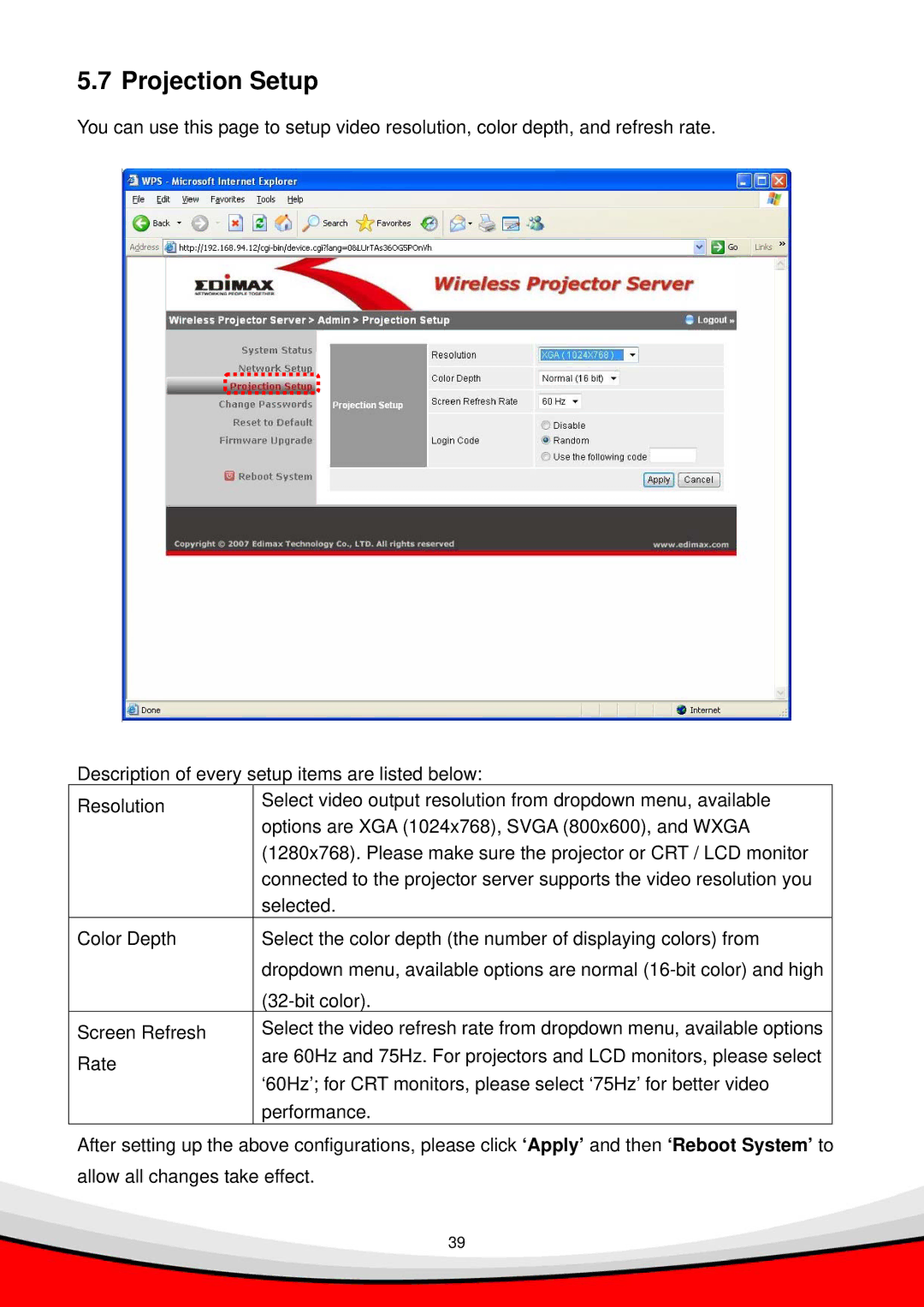 Edimax Technology WP-S1000 user manual Projection Setup 