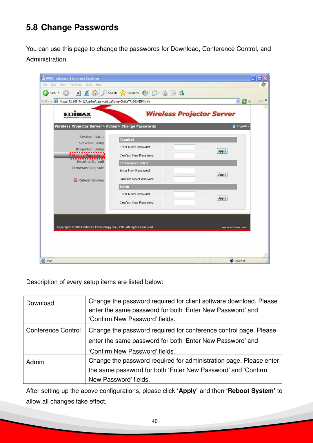 Edimax Technology WP-S1000 user manual Change Passwords 